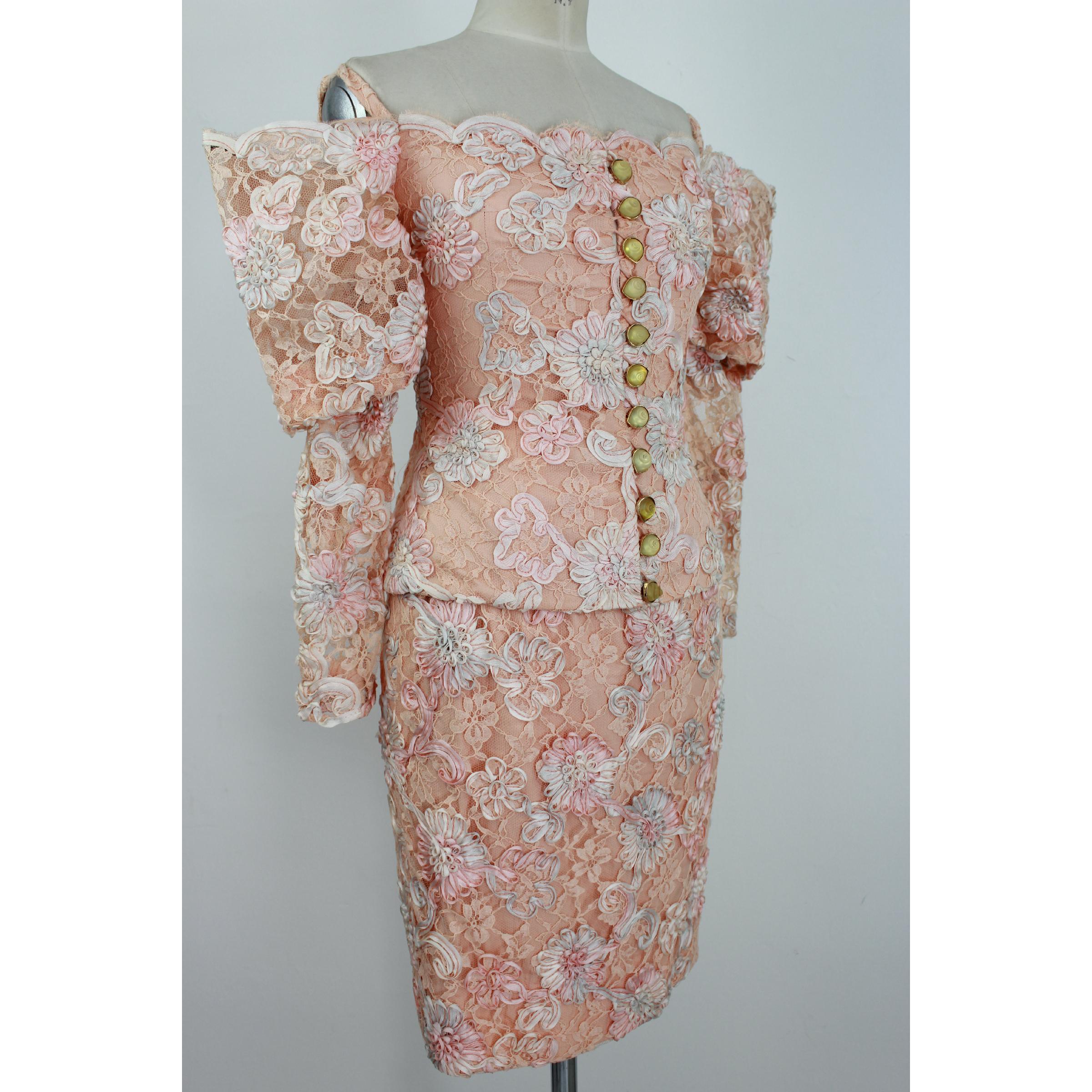 Brown 1970s Lanvin Pink Floral Lace Embroidered Formal Dress Set Skirt Jacket