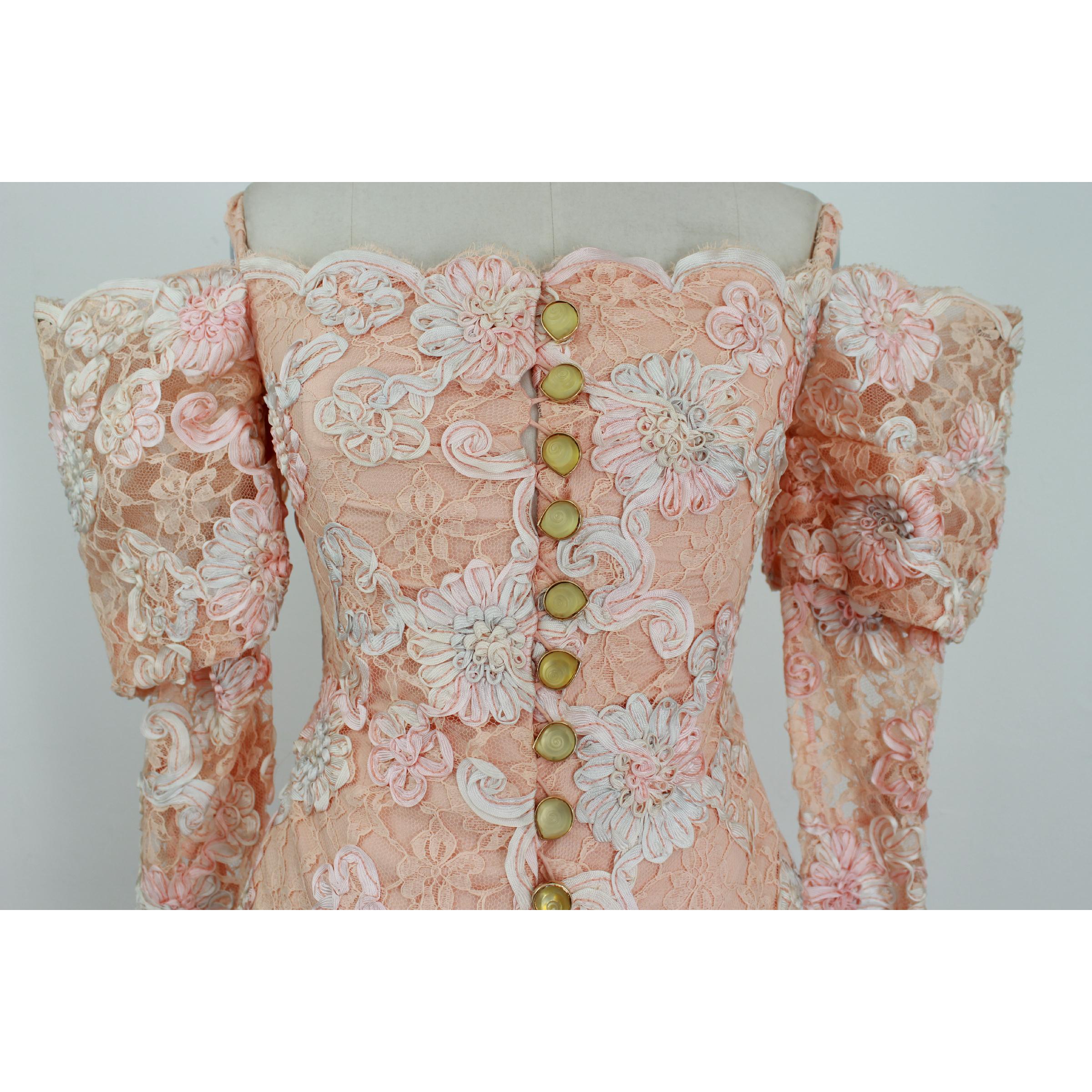 1970s Lanvin Pink Floral Lace Embroidered Formal Dress Set Skirt Jacket In Excellent Condition In Brindisi, Bt