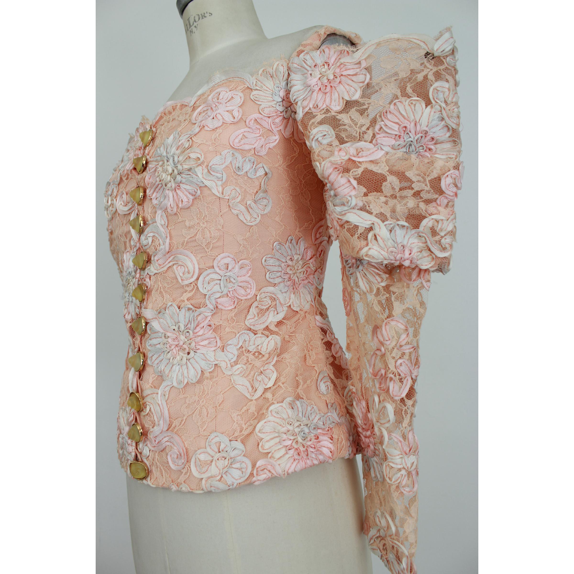 Women's 1970s Lanvin Pink Floral Lace Embroidered Formal Dress Set Skirt Jacket