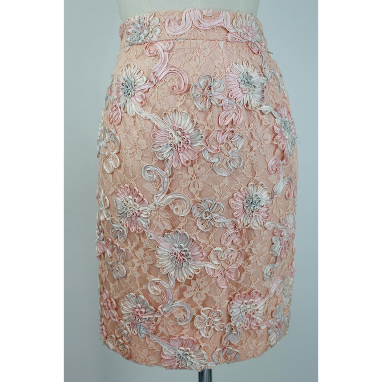 1970s Lanvin Pink Floral Lace Embroidered Formal Dress Set Skirt Jacket ...