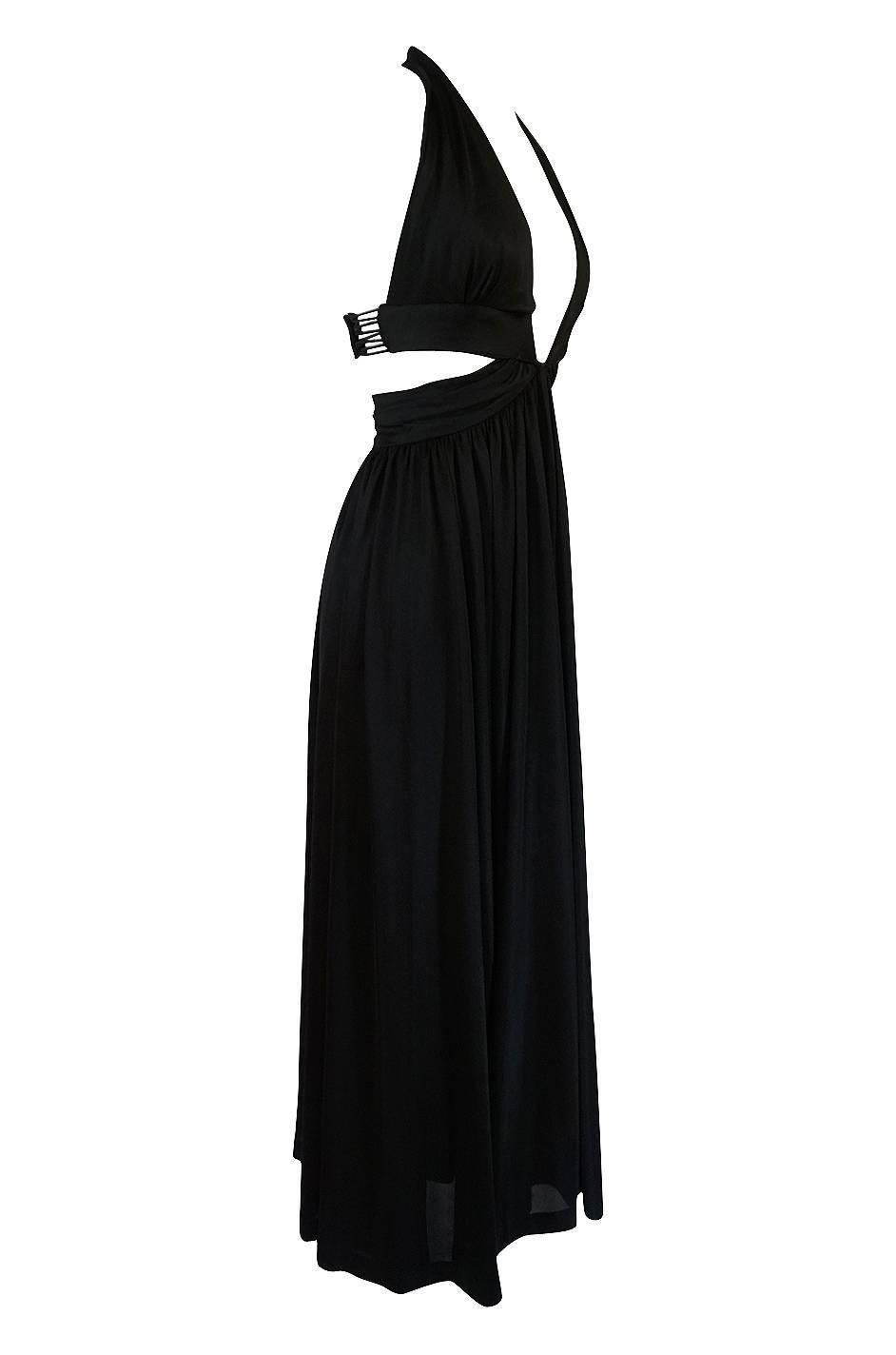 Black 1970s Lanvin Plunge Front Backless Nylon Jersey Halter Dress