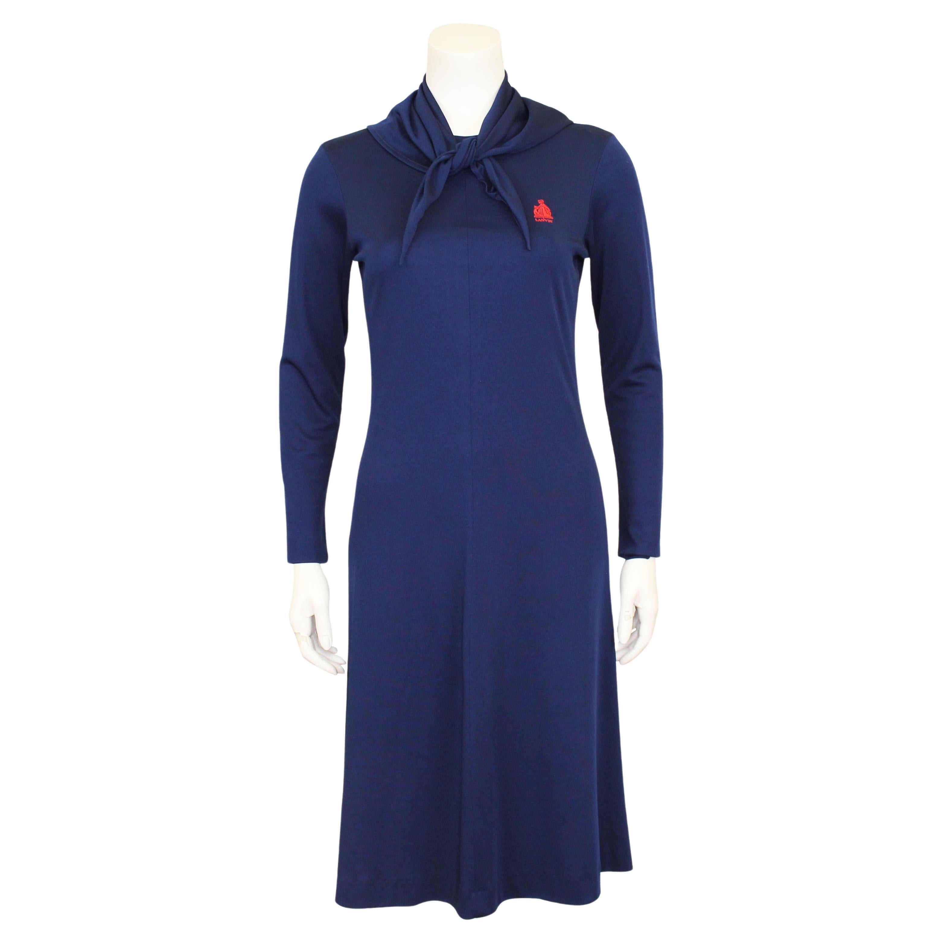 Abito sportivo swing in maglia poliedrica Lanvin degli anni '70 con fazzoletto abbinato