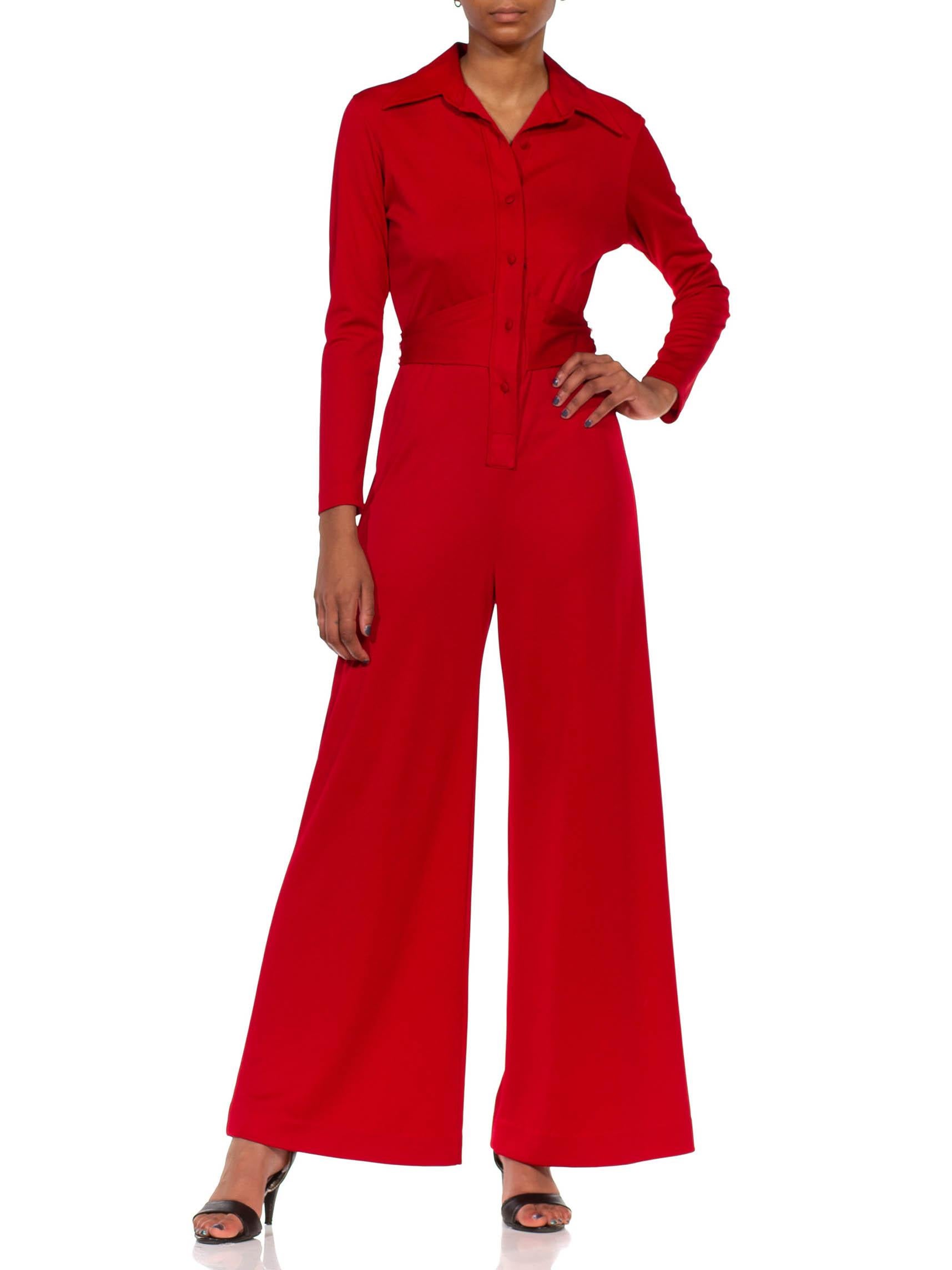 1970S LANVIN Red Polyester Button Down & Waist Tie Jumpsuit In Excellent Condition In New York, NY