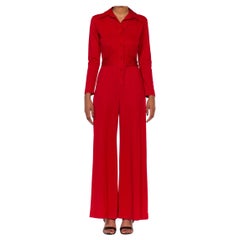 1970S LANVIN Red Polyester Button Down & Waist Tie Jumpsuit