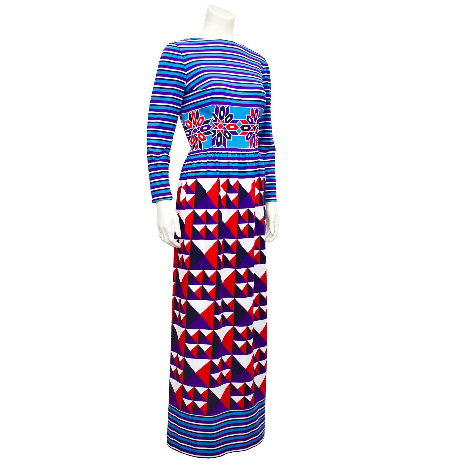 Lanvin polyester stretch maxi dress from the 1970s. Bodice features blue, purple, black and white horizontal stripes across bust and sleeves, and a purple, red, black, white and blue geometric star print across the waist. Skirt is slightly gathered