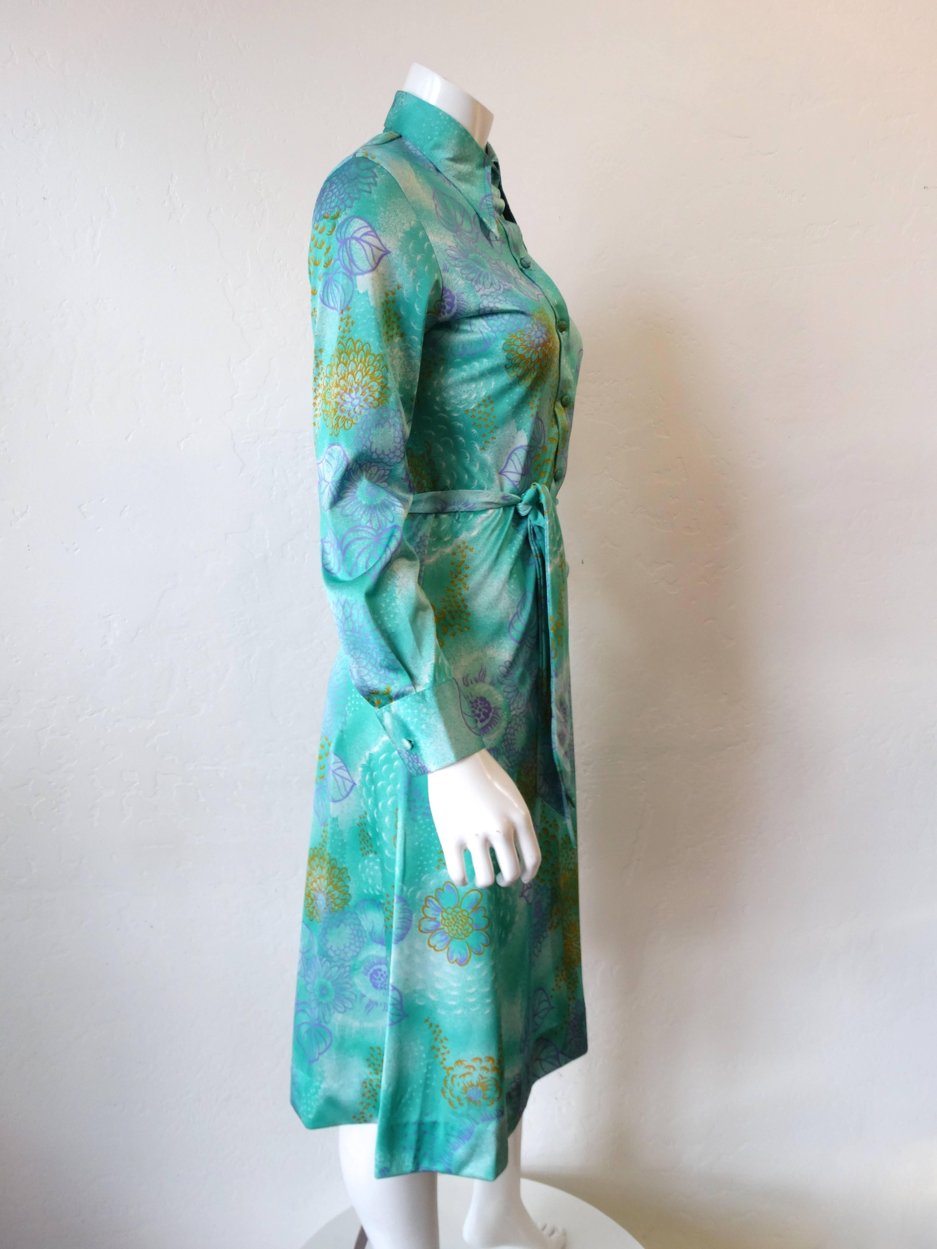 1970s Lanvin Turquoise floral Button Up Dress In Excellent Condition In Scottsdale, AZ