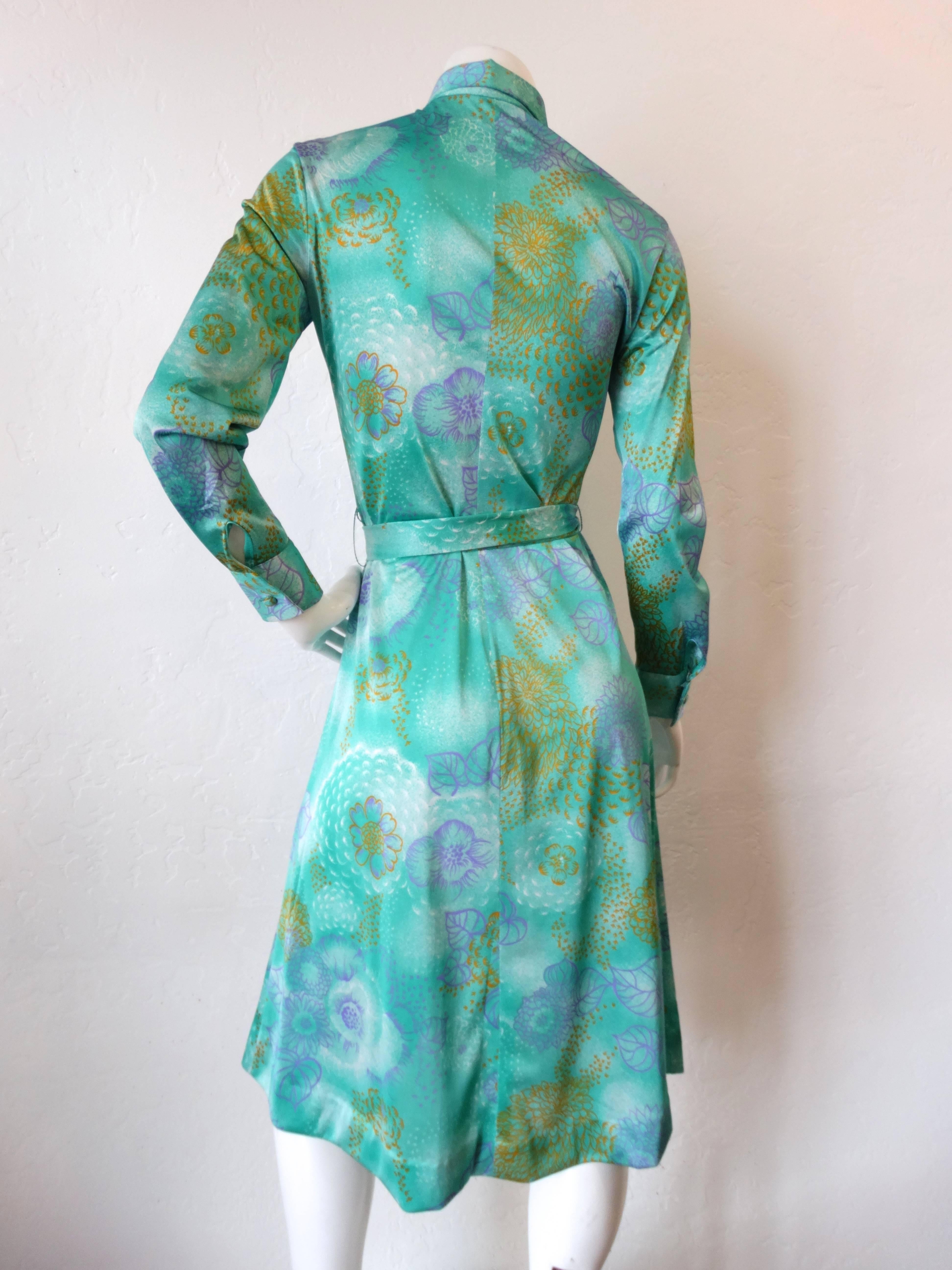 1970s Lanvin Turquoise floral Button Up Dress 1