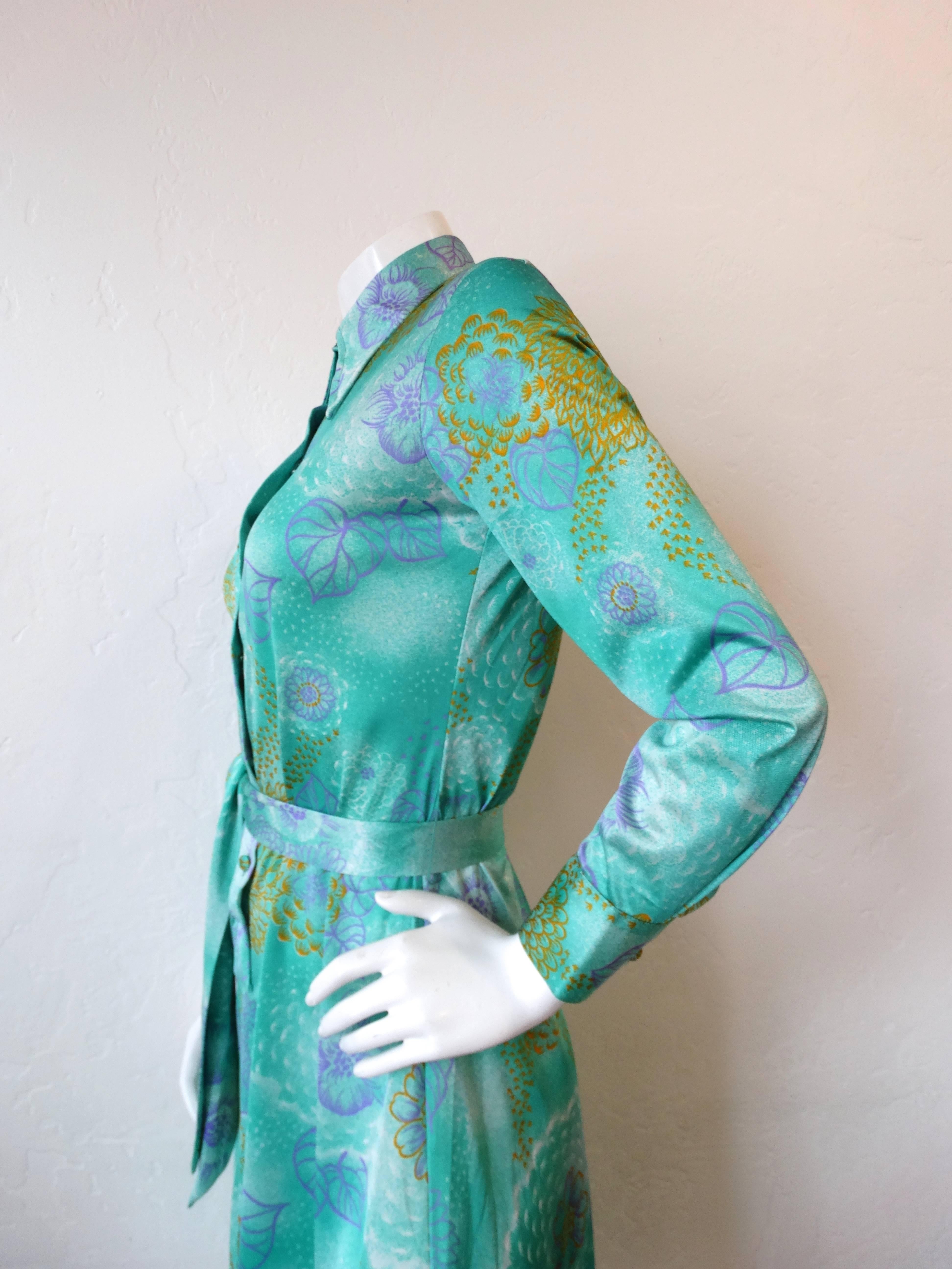 1970s Lanvin Turquoise floral Button Up Dress 2