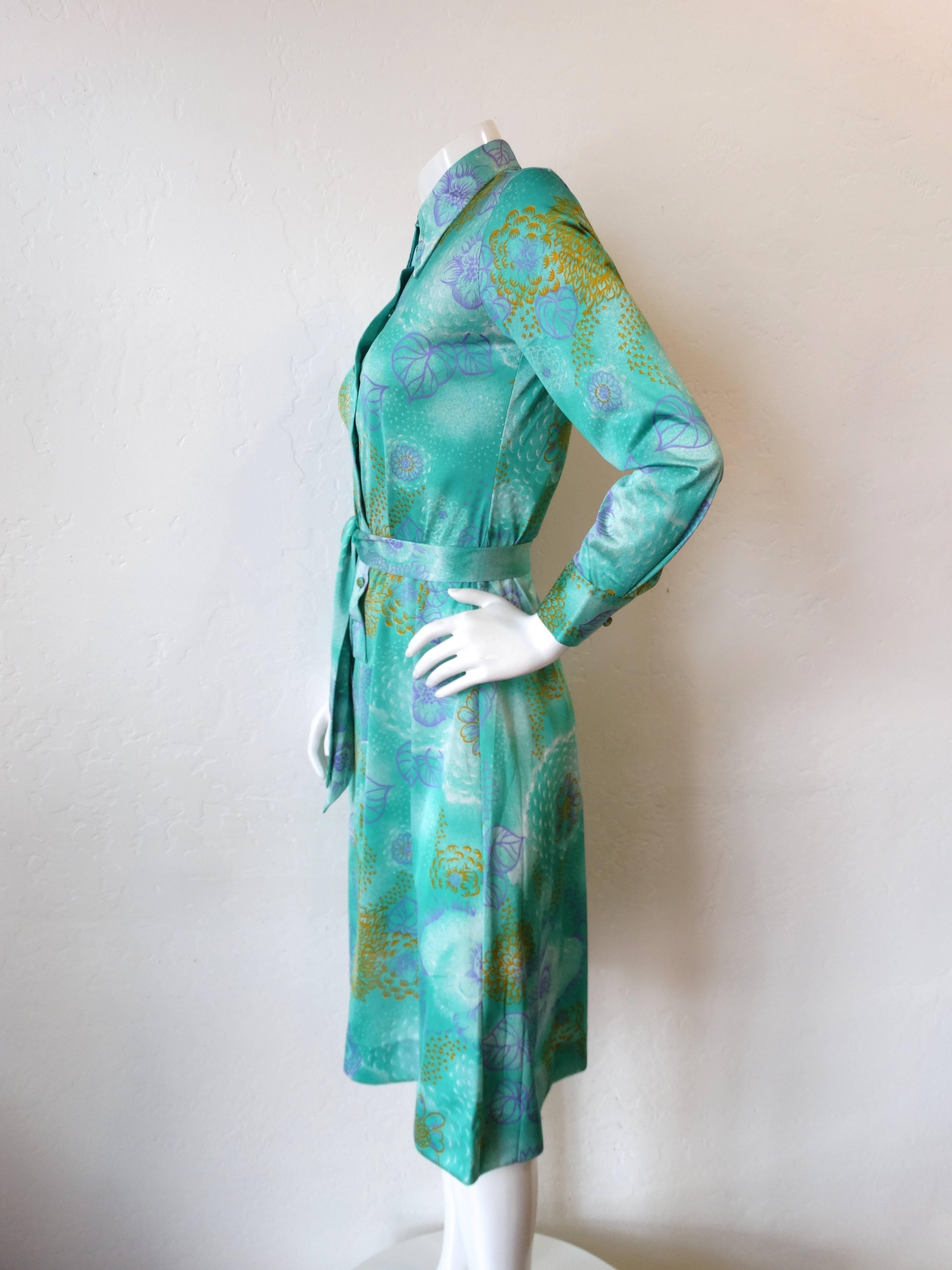 1970s Lanvin Turquoise floral Button Up Dress 3