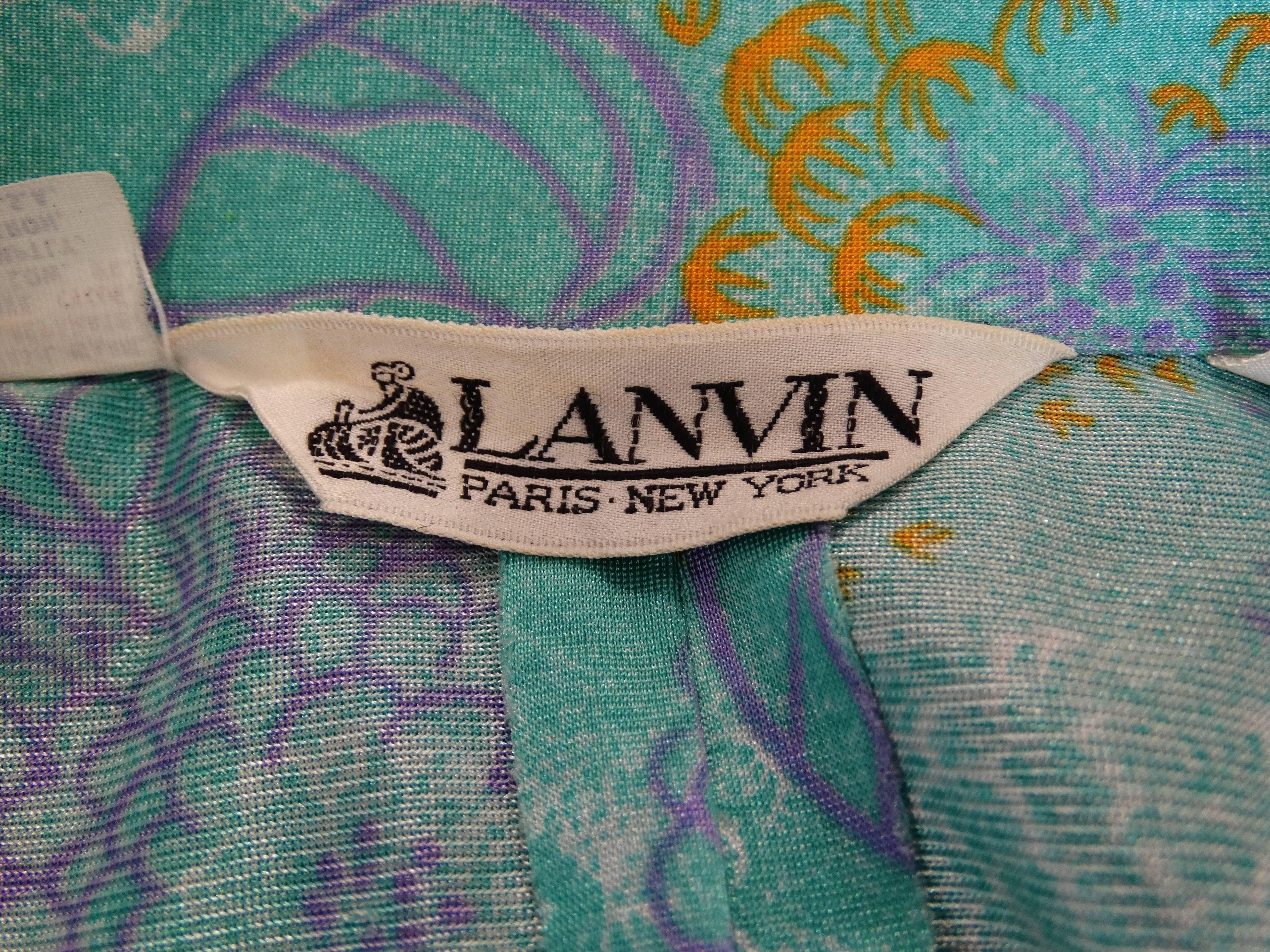 1970s Lanvin Turquoise floral Button Up Dress 4