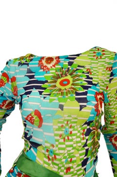 Lanvin Green and Blue Floral Dress with Sheer Bodice and Scoop Back, 1970s