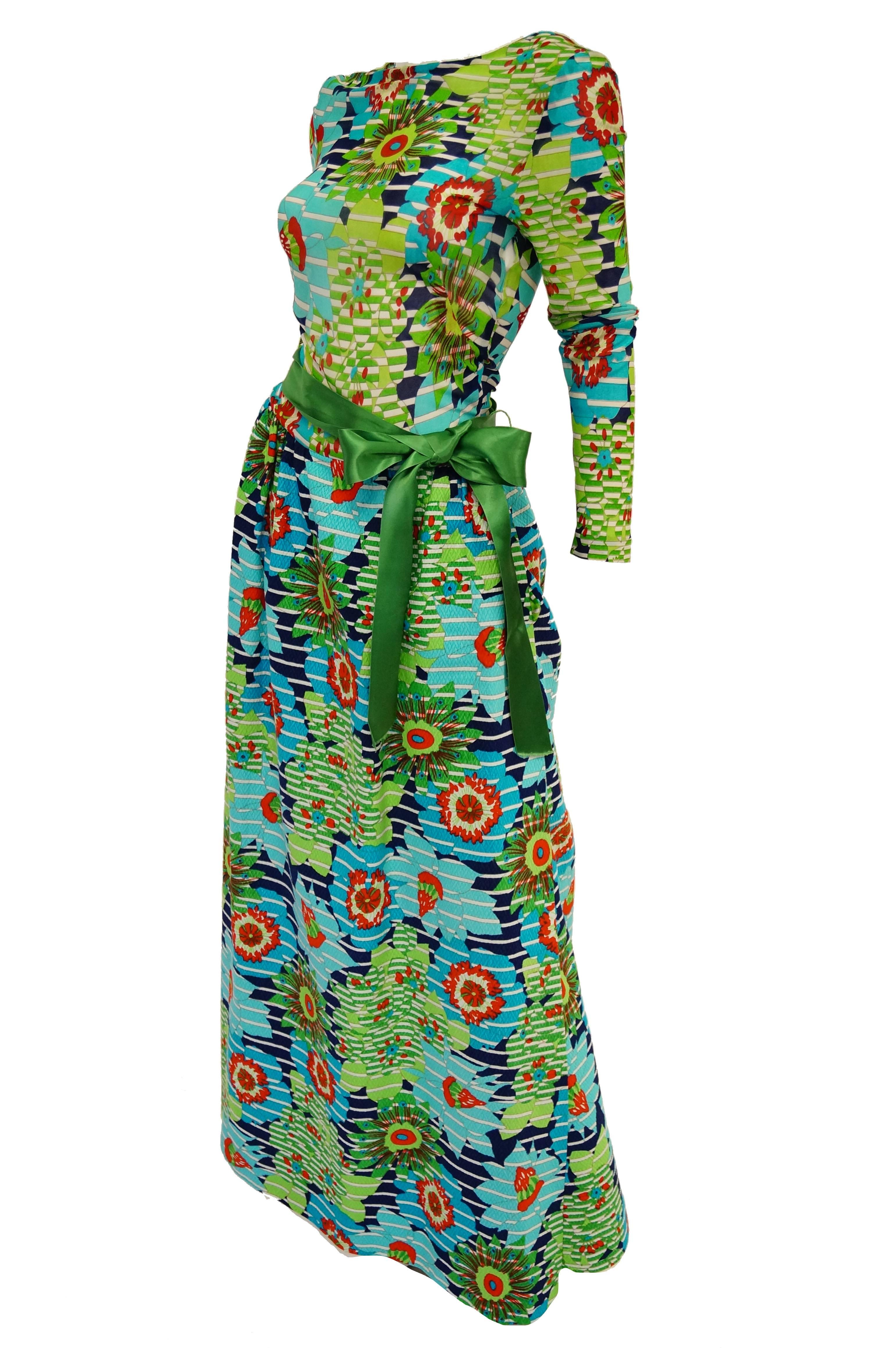  Lanvin Green and Blue Floral Dress with Sheer Bodice and Scoop Back, 1970s  In Excellent Condition For Sale In Houston, TX