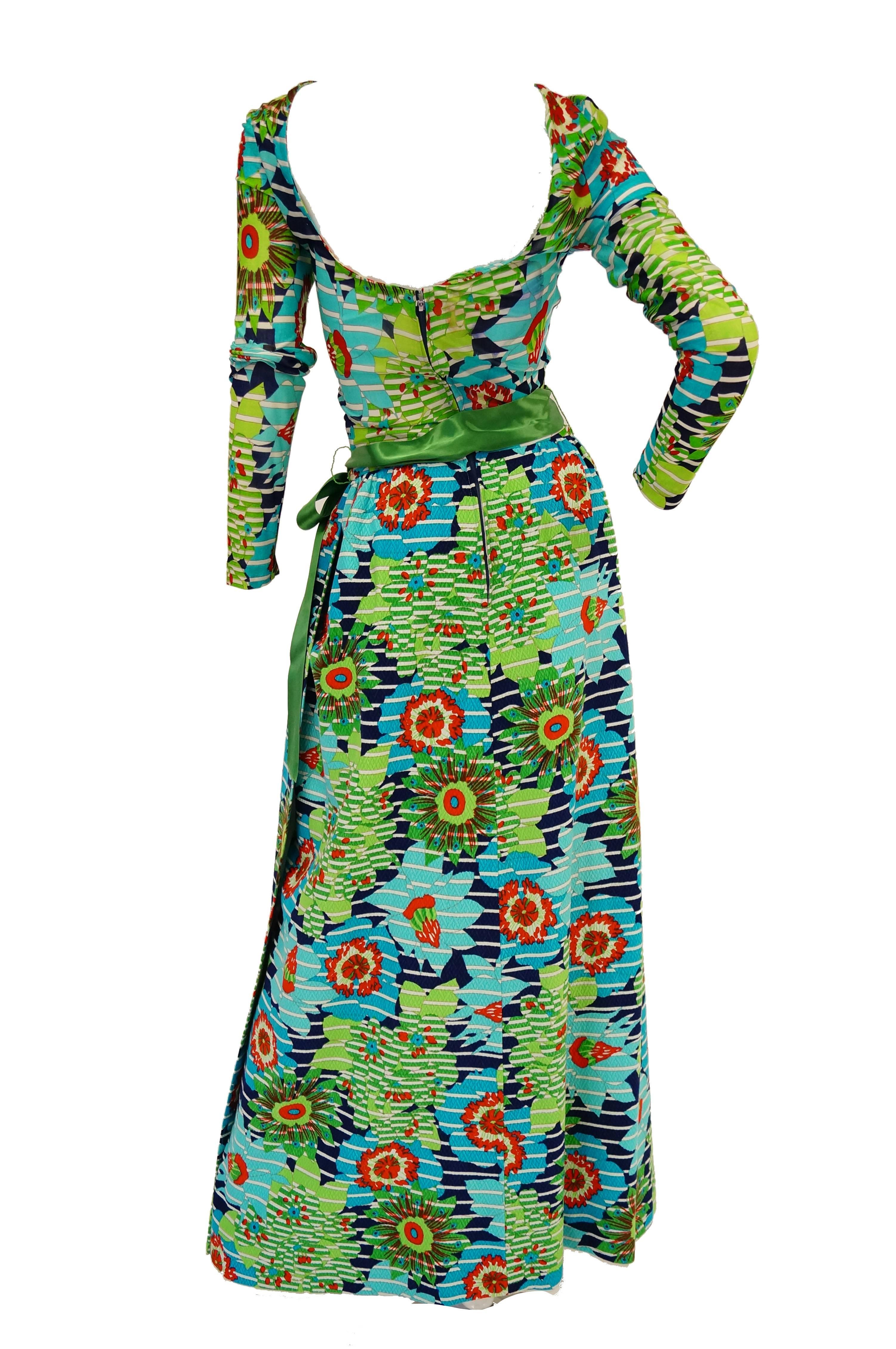 Women's  Lanvin Green and Blue Floral Dress with Sheer Bodice and Scoop Back, 1970s  For Sale