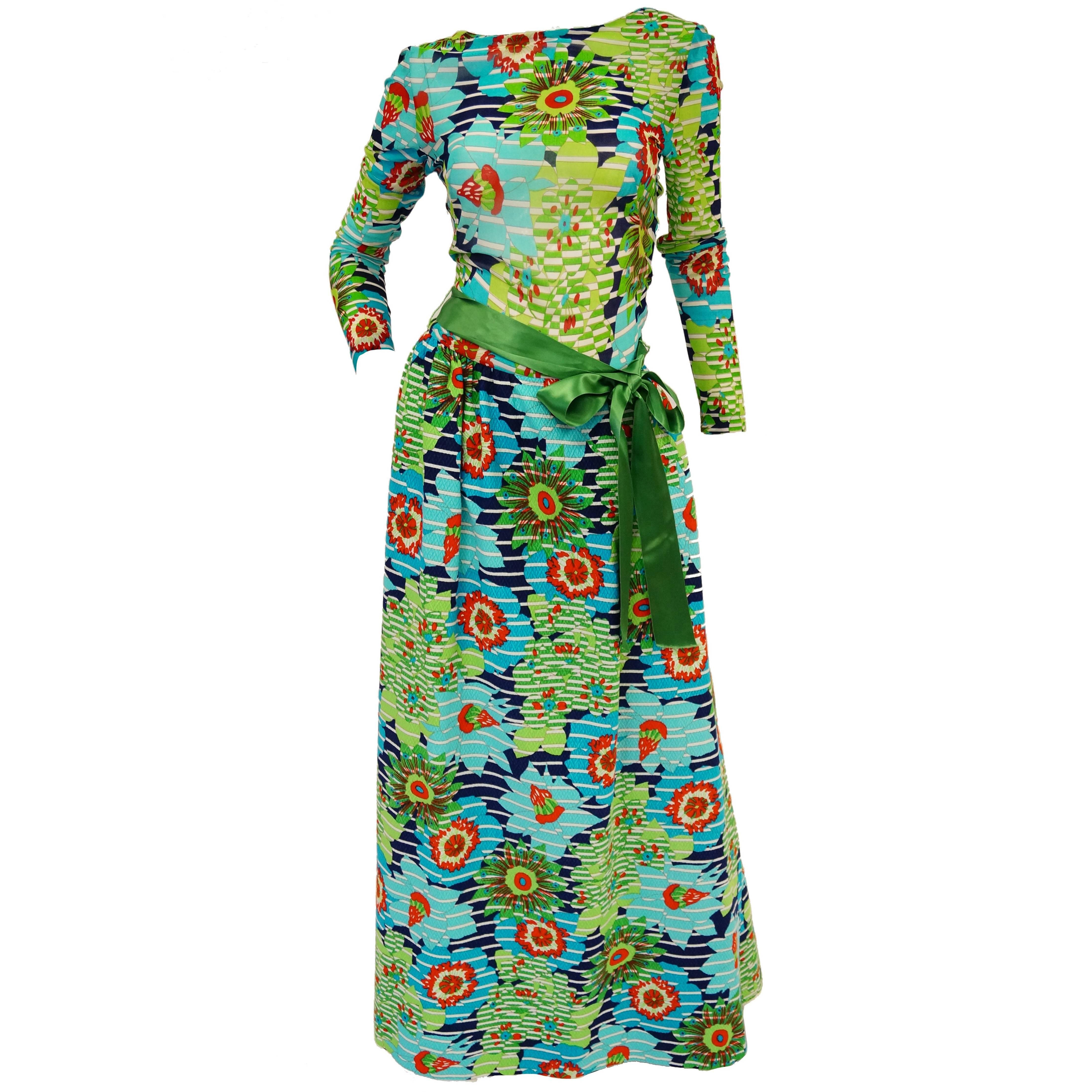  Lanvin Green and Blue Floral Dress with Sheer Bodice and Scoop Back, 1970s 