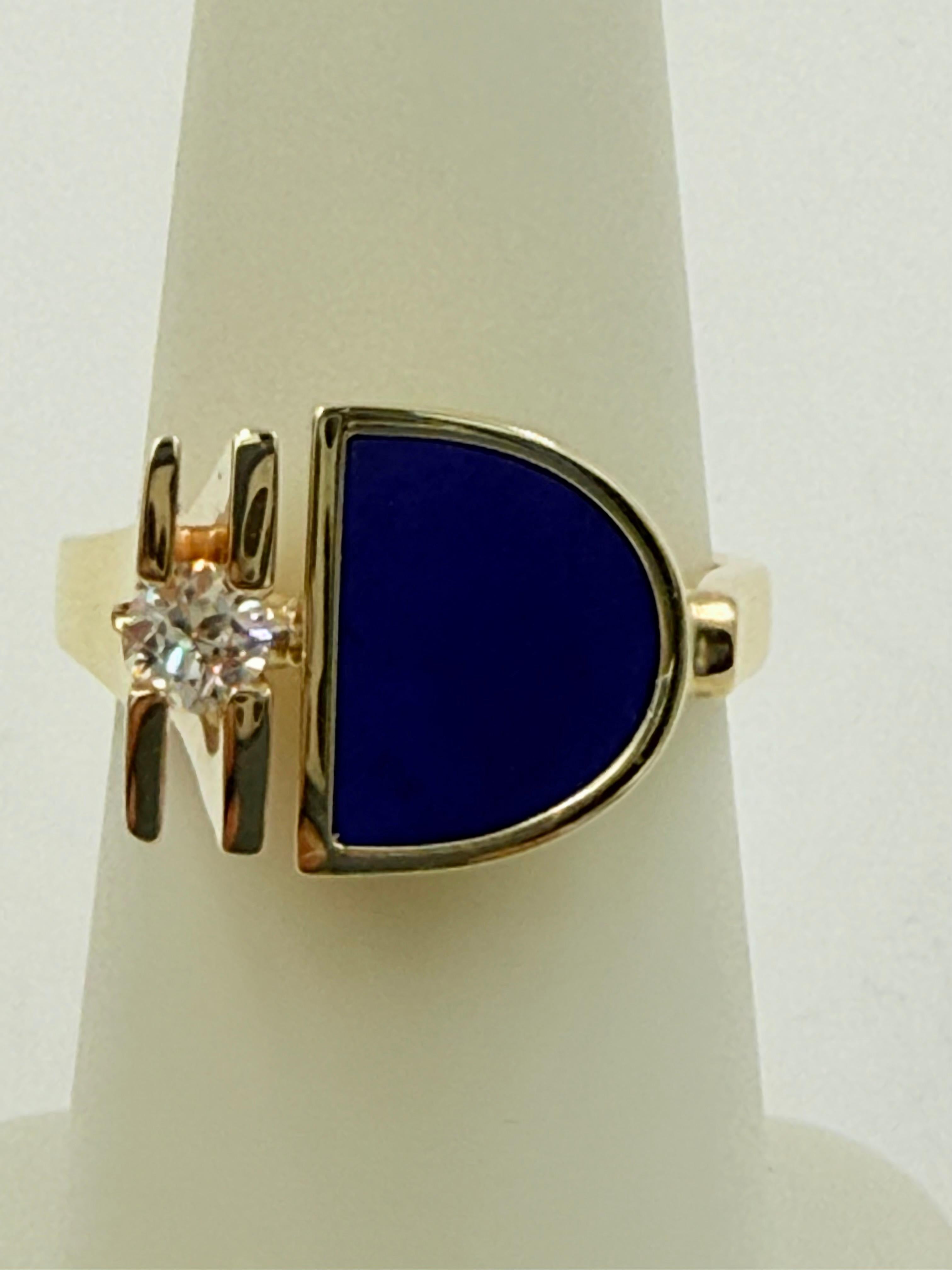 1970 Lapis Diamond Hand Crafted 14k Yellow Gold Ring (bague en or jaune 14k) Bon état - En vente à Los Angeles, CA