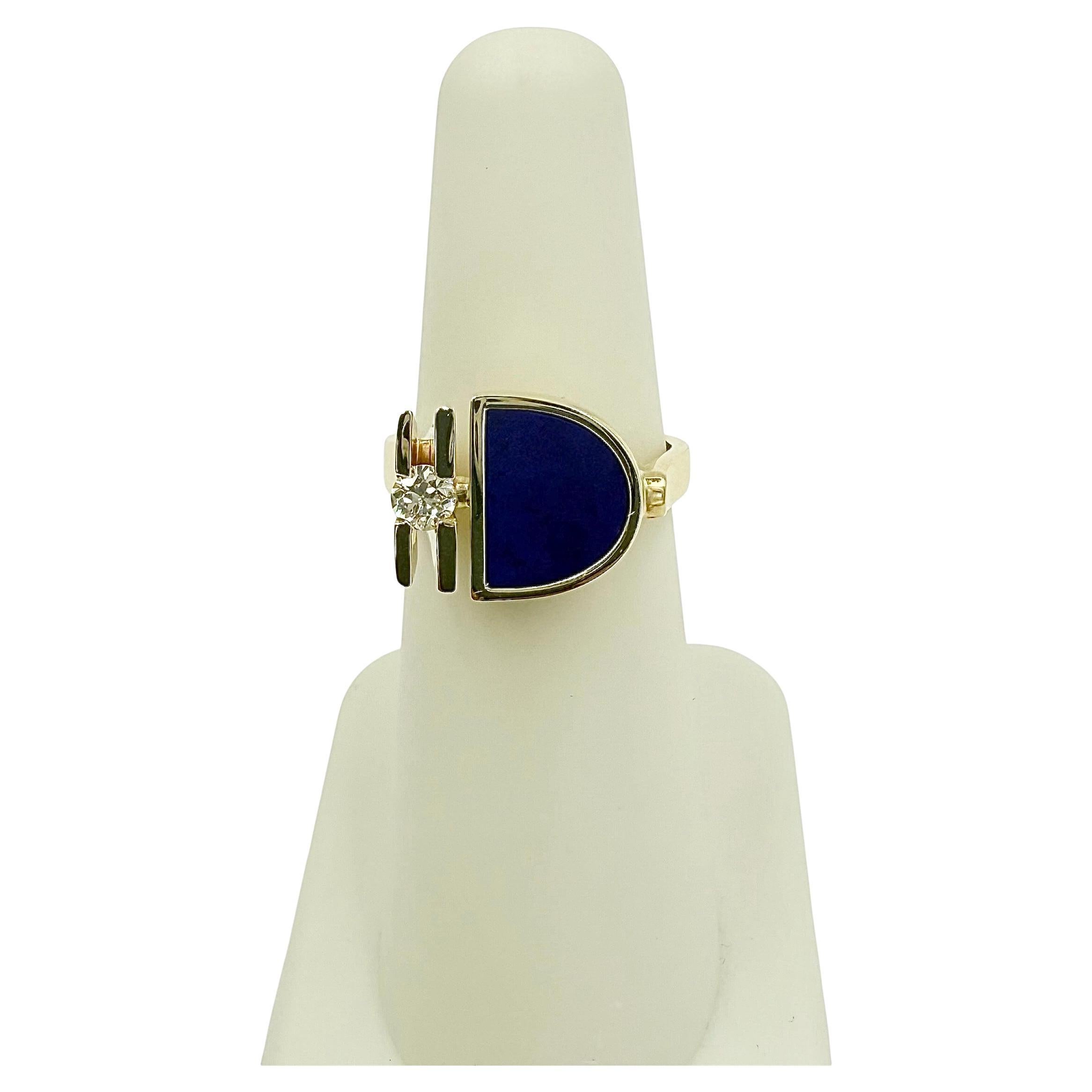 1970 Lapis Diamond Hand Crafted 14k Yellow Gold Ring (bague en or jaune 14k) en vente