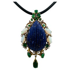 1970s Lapis Emerald Opal Diamond Yellow Gold Pendant Brooch
