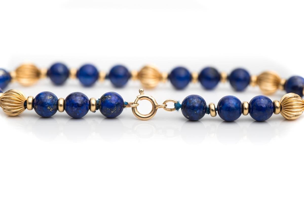 Modern 1970s Lapis Lazuli and 14 Karat Gold Bead Bracelet