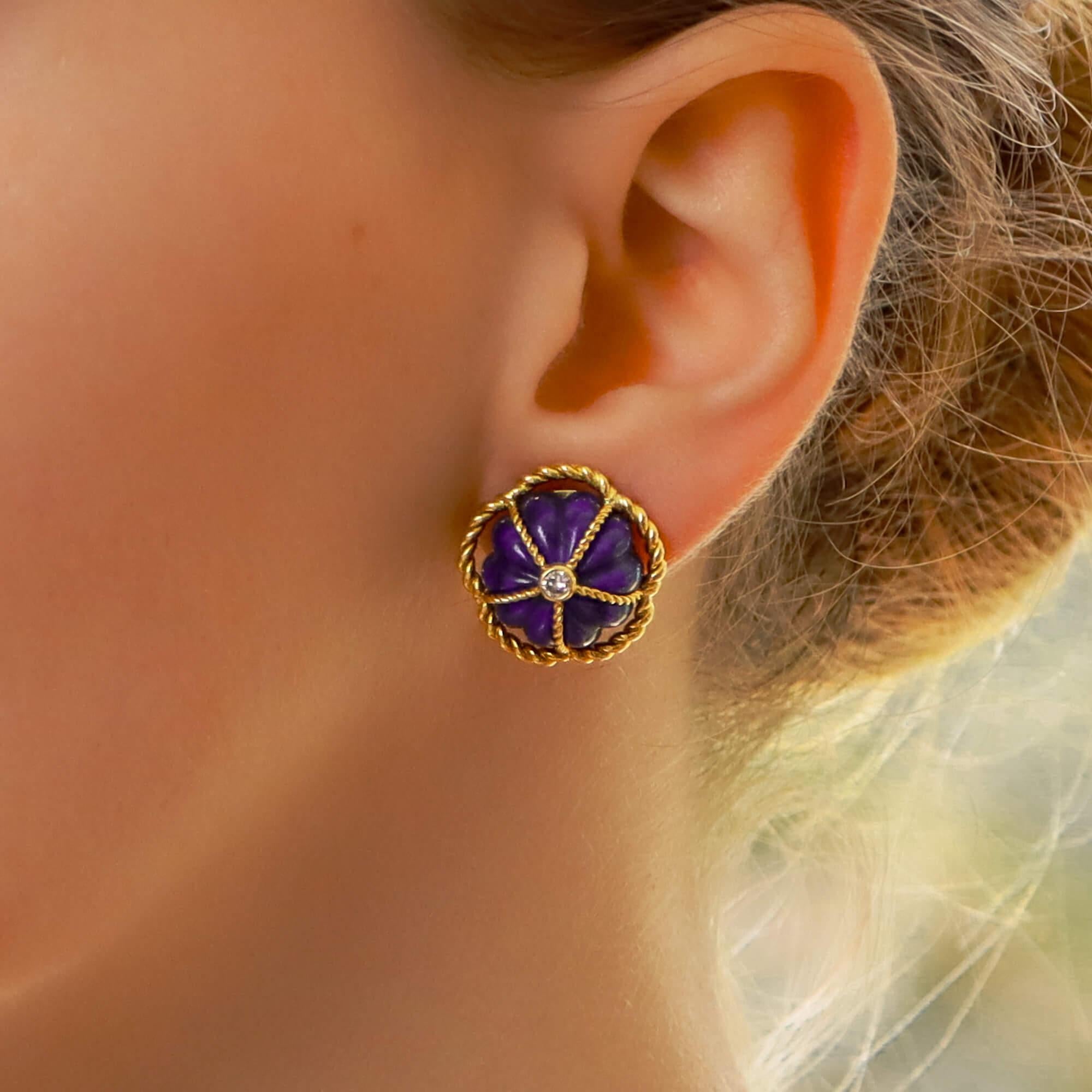 Retro 1970s Lapis Lazuli and Diamond Domed Clip-On Earrings in 18 Karat Yellow Gold