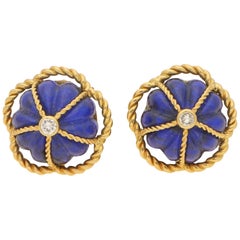 1970s Lapis Lazuli and Diamond Domed Clip-On Earrings in 18 Karat Yellow Gold
