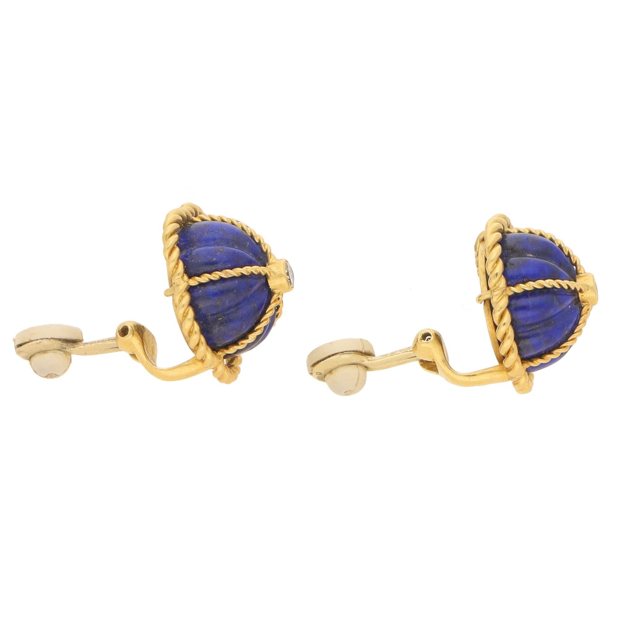 Round Cut 1970s Lapis Lazuli and Diamond Domed Clip-On Earrings in 18 Karat Yellow Gold