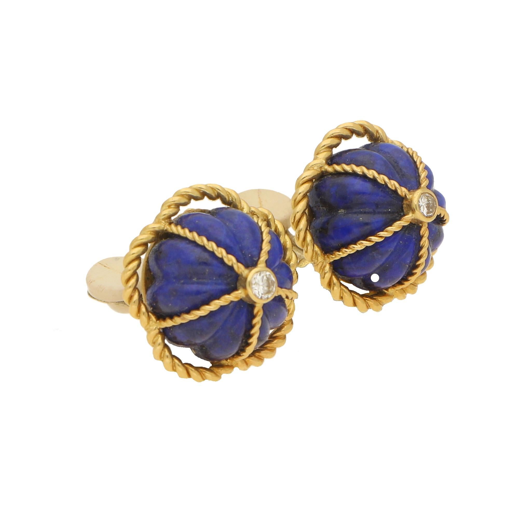 1970s Lapis Lazuli and Diamond Domed Clip-On Earrings in 18 Karat Yellow Gold In Good Condition In London, GB