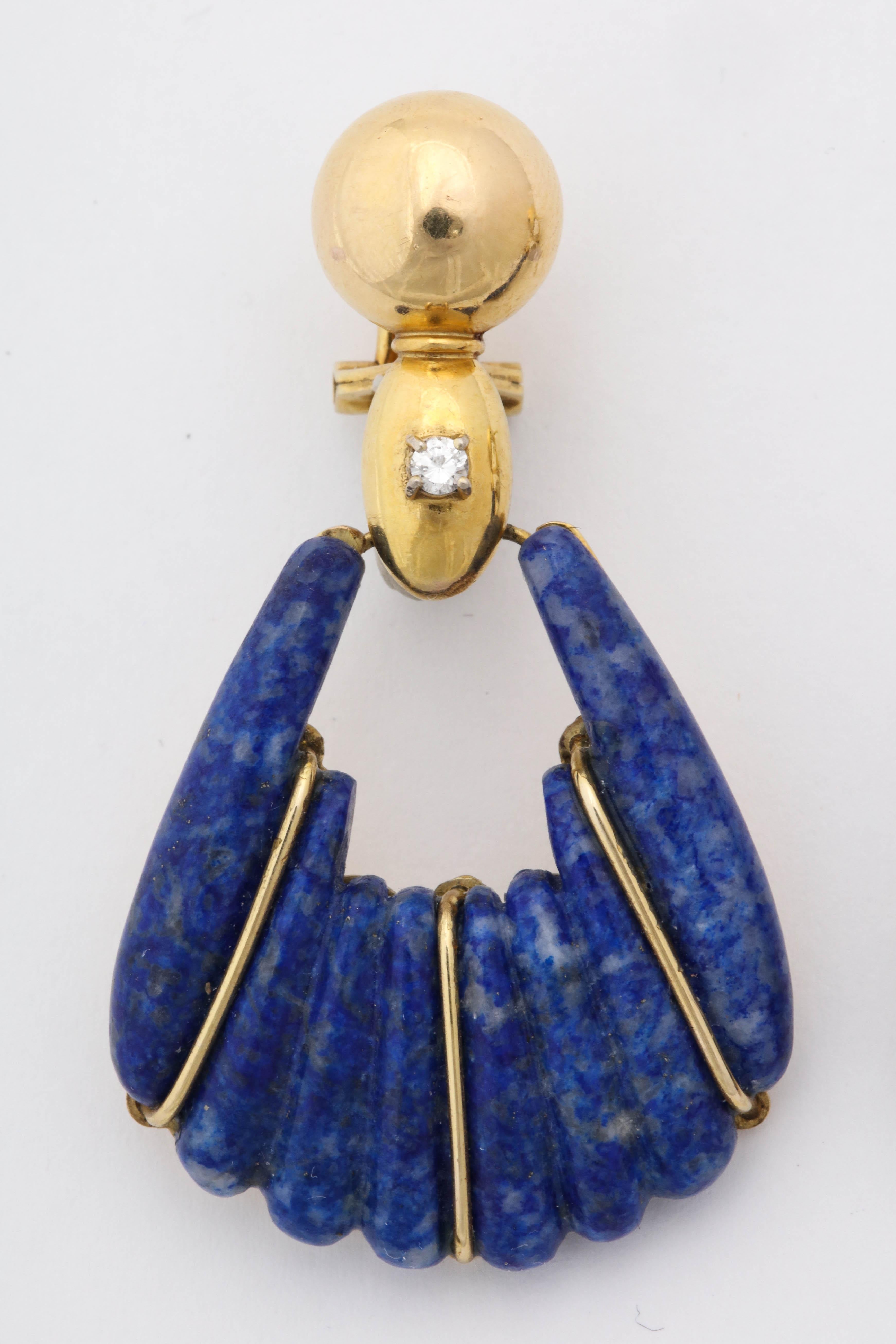 One Pair Of Ladies 14kt Yellow Gold Hanging And Moveable Carved Lapis Lazuli Earrings With 14kt Gold Ball Tops Embellished With Two Full Cut Diamonds. Made In The United States Of America In The 1970's. NOTE Posts May Be Removed For Non Pierced Ears.