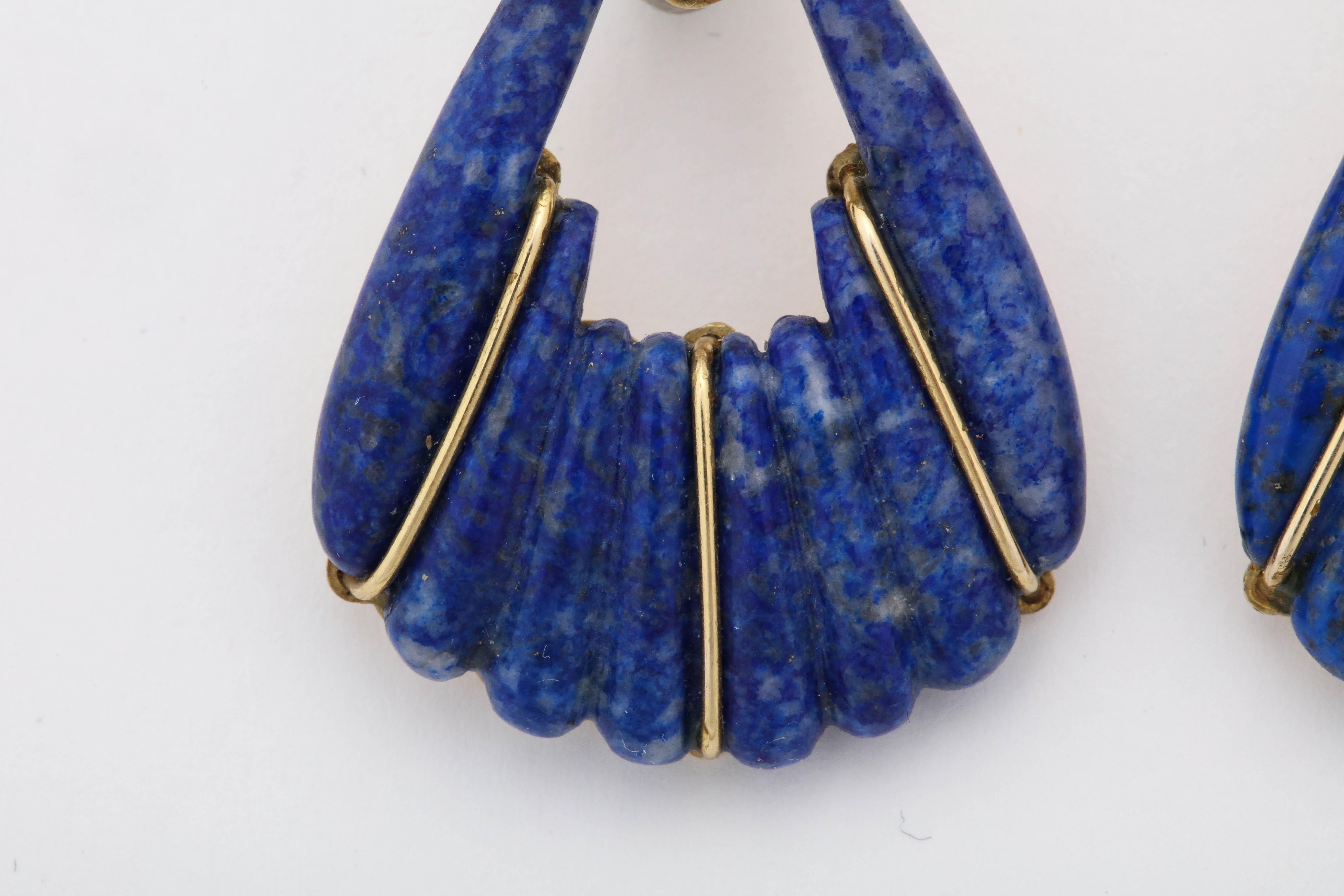 Women's 1970s Lapis Lazuli and Diamond Moveable Hanging Gold Doorknocker Earrings