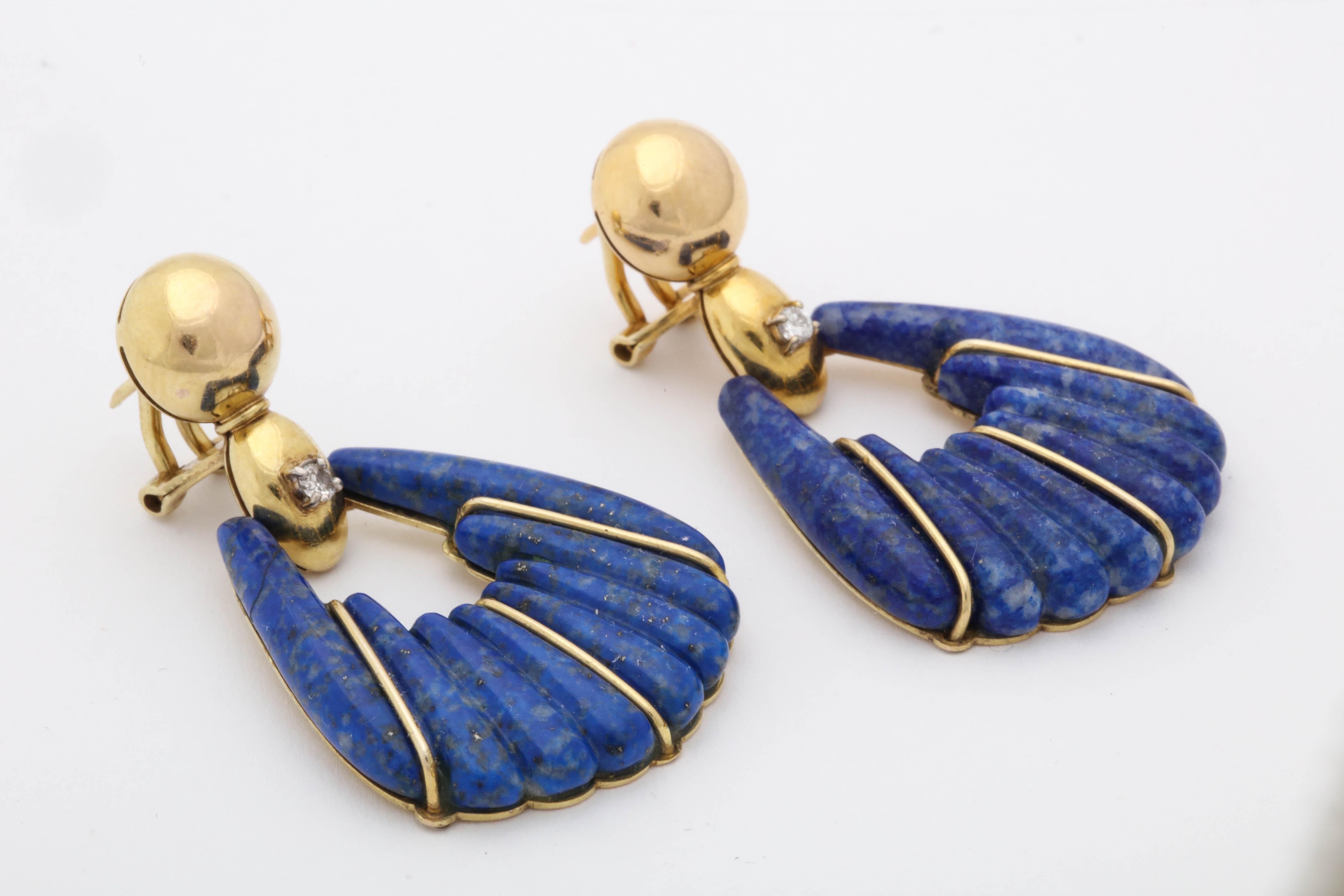 1970s Lapis Lazuli and Diamond Moveable Hanging Gold Doorknocker Earrings 1
