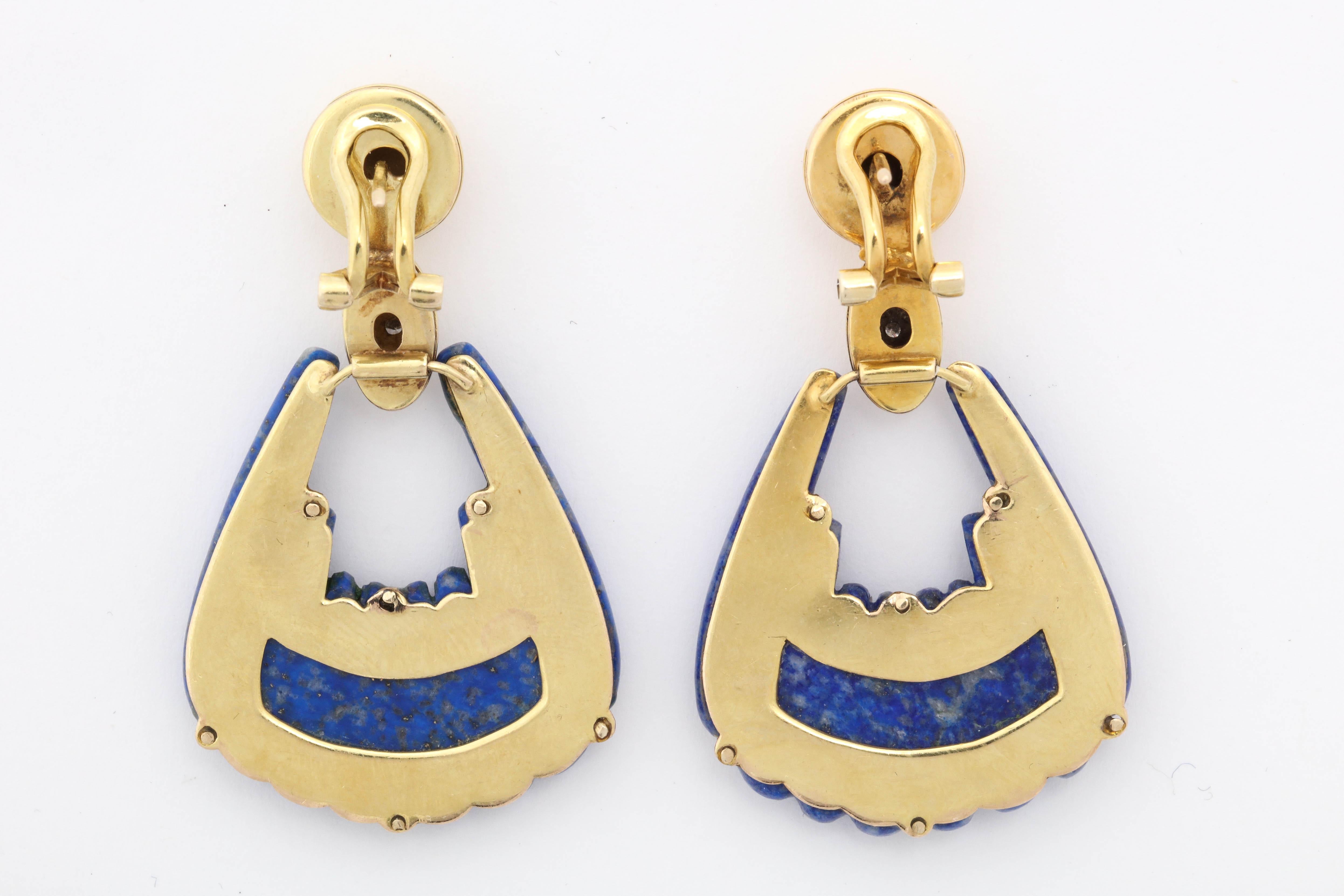 1970s Lapis Lazuli and Diamond Moveable Hanging Gold Doorknocker Earrings 2