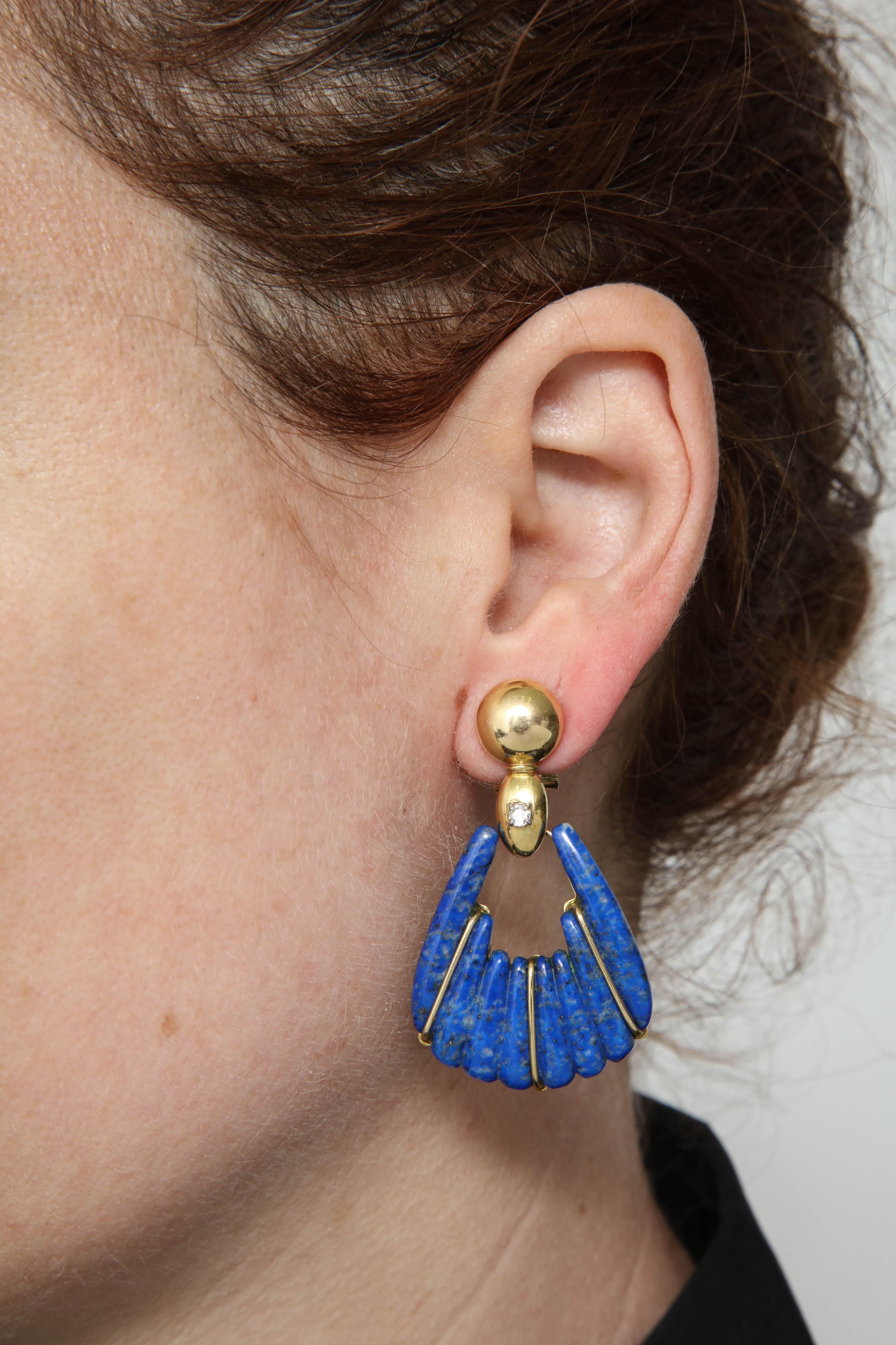 1970s Lapis Lazuli and Diamond Moveable Hanging Gold Doorknocker Earrings 3