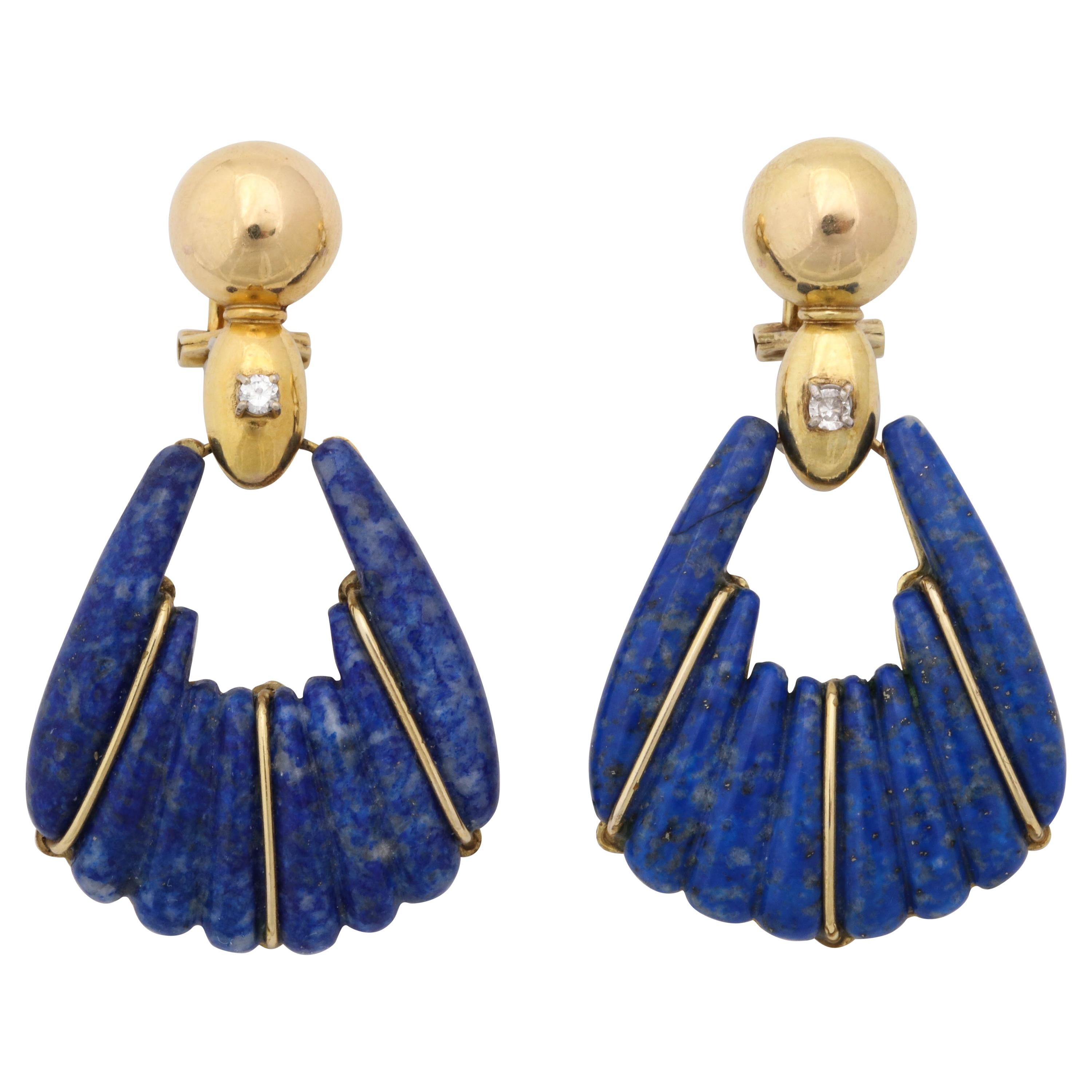 1970s Lapis Lazuli and Diamond Moveable Hanging Gold Doorknocker Earrings