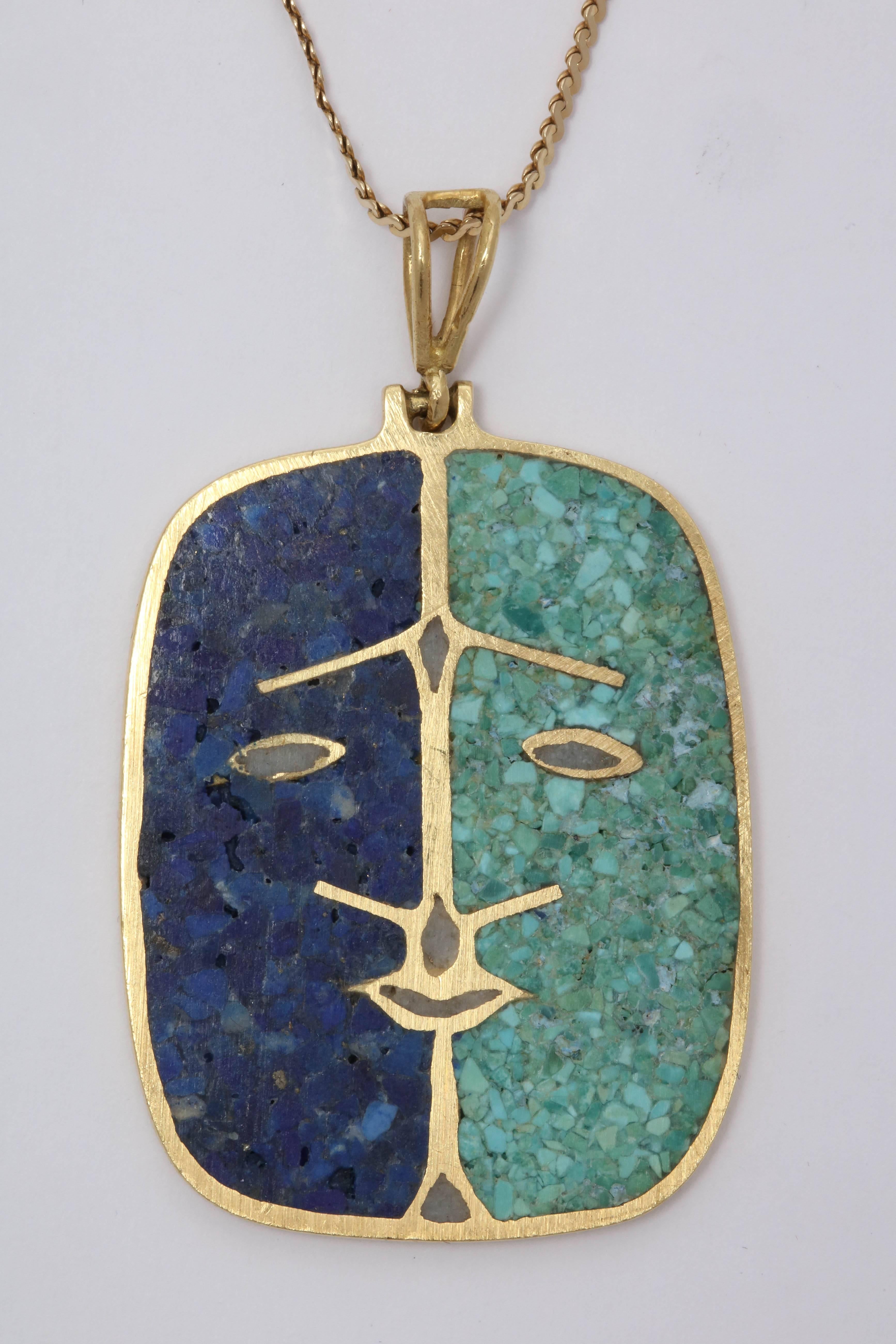 Women's or Men's 1970s Lapis Lazuli and Malachite with Face Double-Sided Gold Pendant and Chain