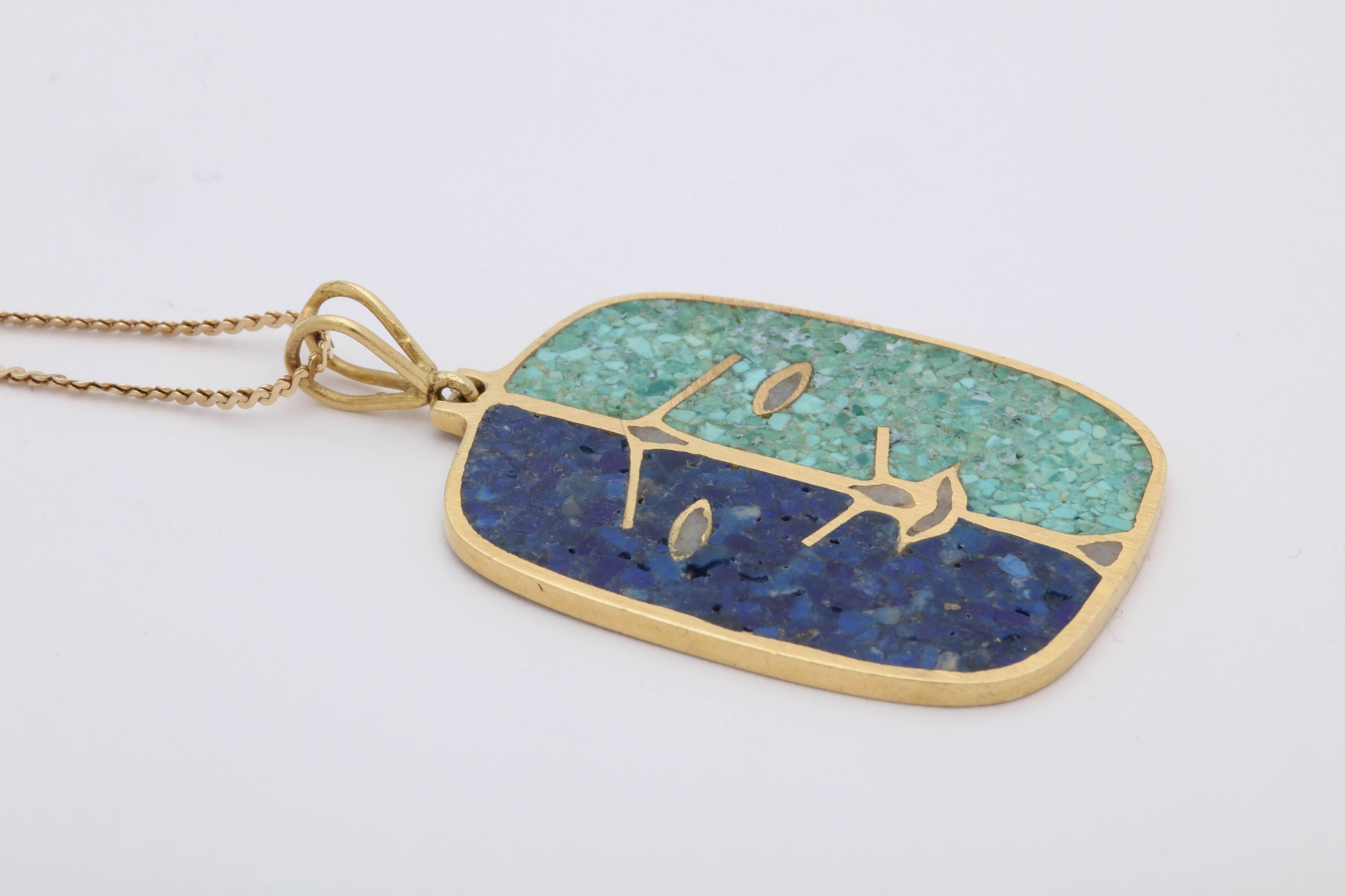 1970s Lapis Lazuli and Malachite with Face Double-Sided Gold Pendant and Chain 1