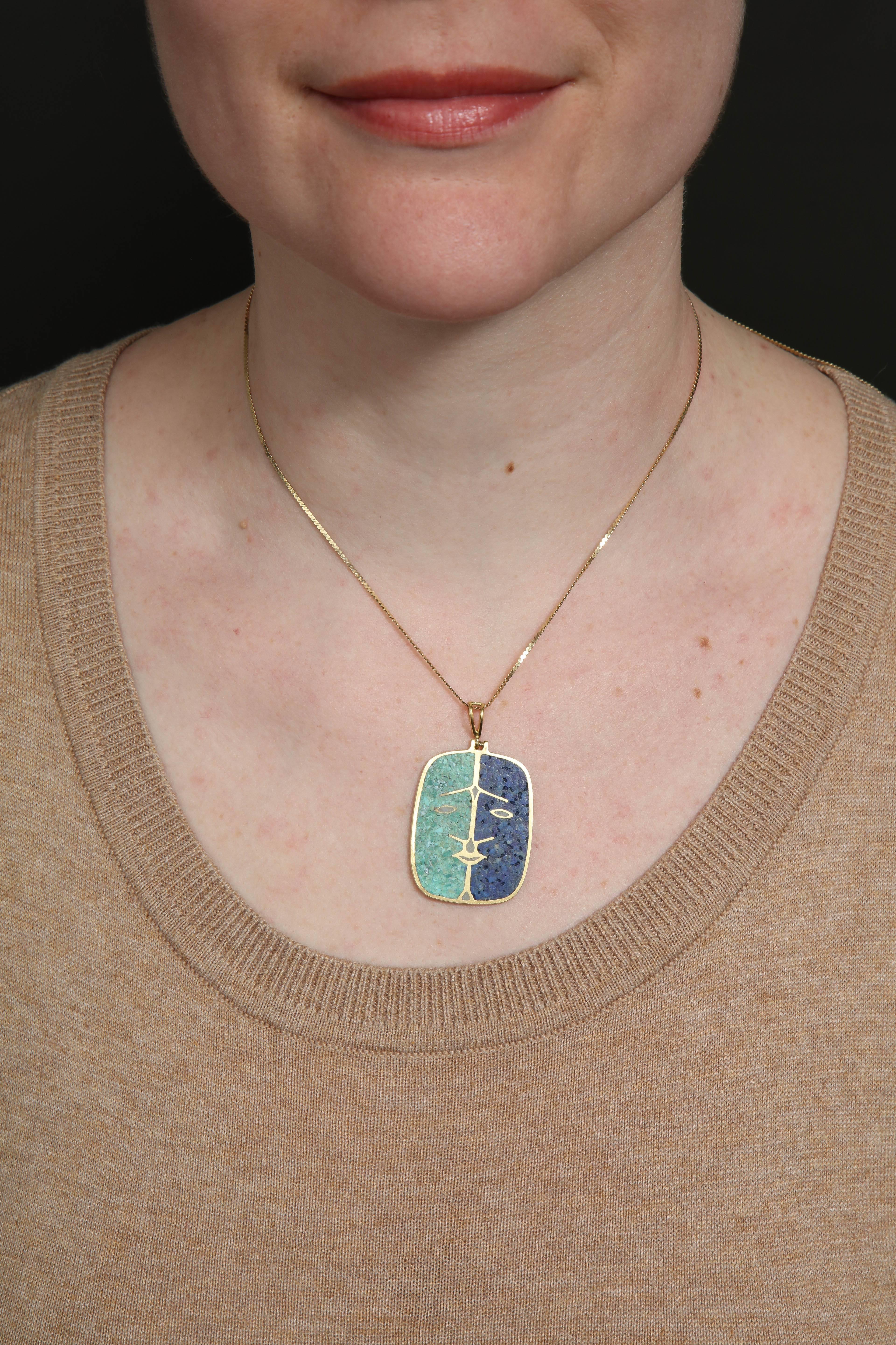 1970s Lapis Lazuli and Malachite with Face Double-Sided Gold Pendant and Chain 3
