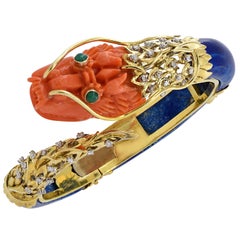 1970s Lapis Lazuli Coral Diamond Gold Dragon Bracelet