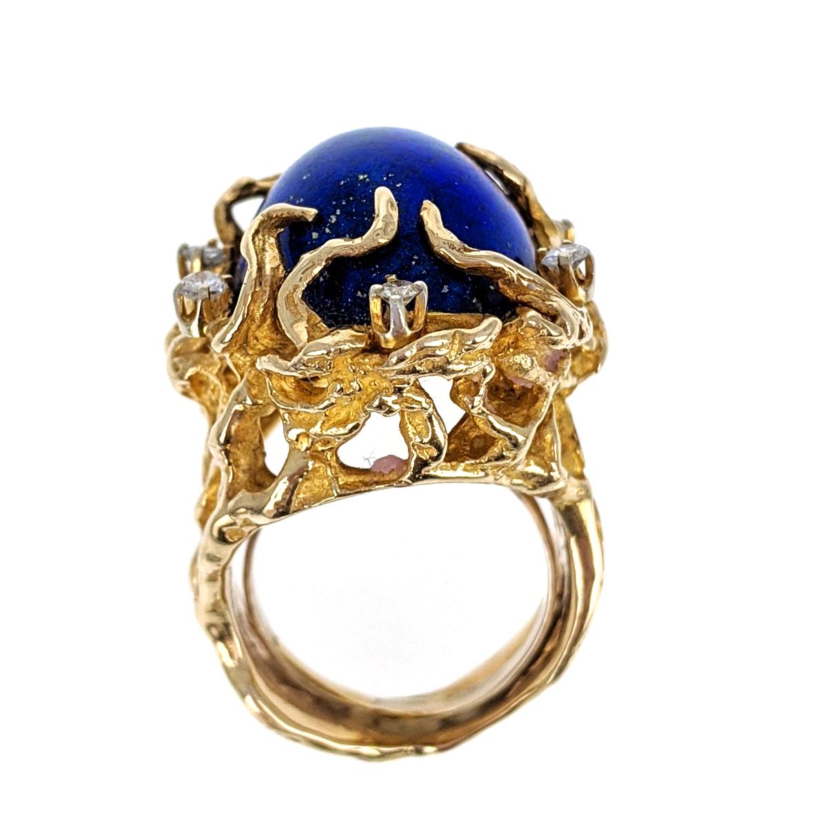 Women's or Men's 1970s Lapis Lazuli Diamond Yellow Gold Ring