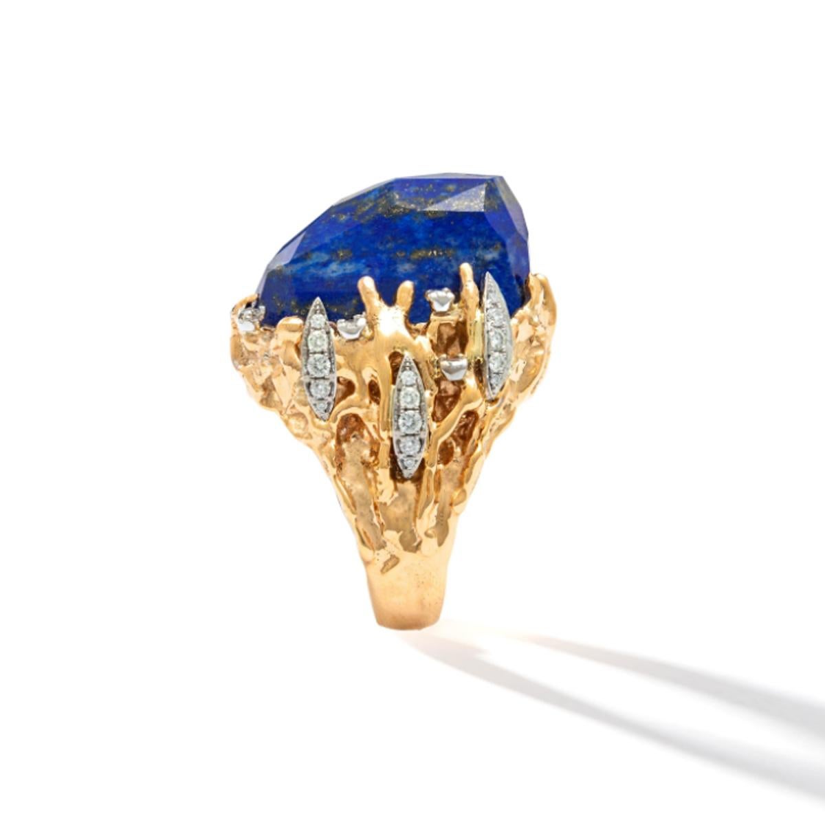 Uncut 1970s Lapis Lazuli Diamond yellow Gold Ring