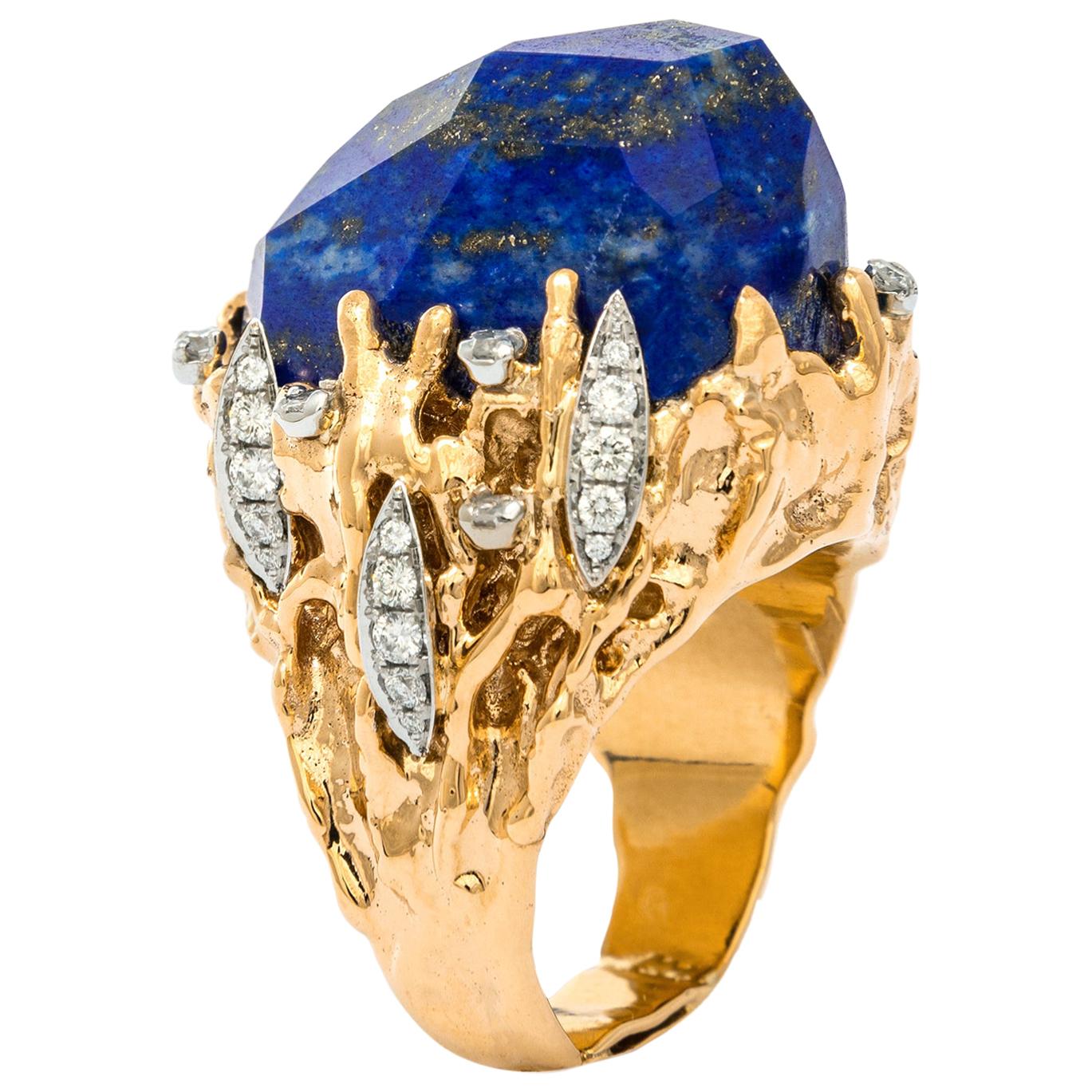 1970s Lapis Lazuli Diamond yellow Gold Ring