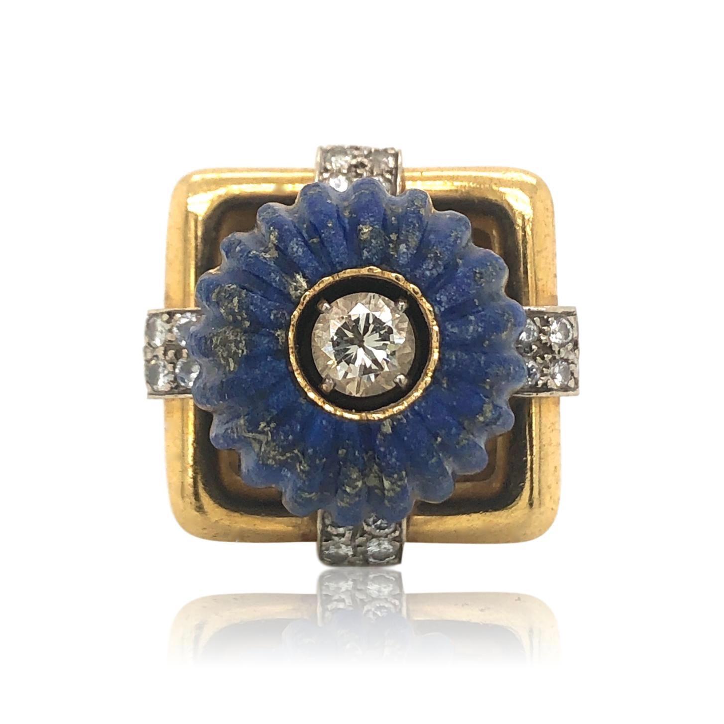 Modernist 1970s Lapis Lazuli Gold and Diamond Statement Ring