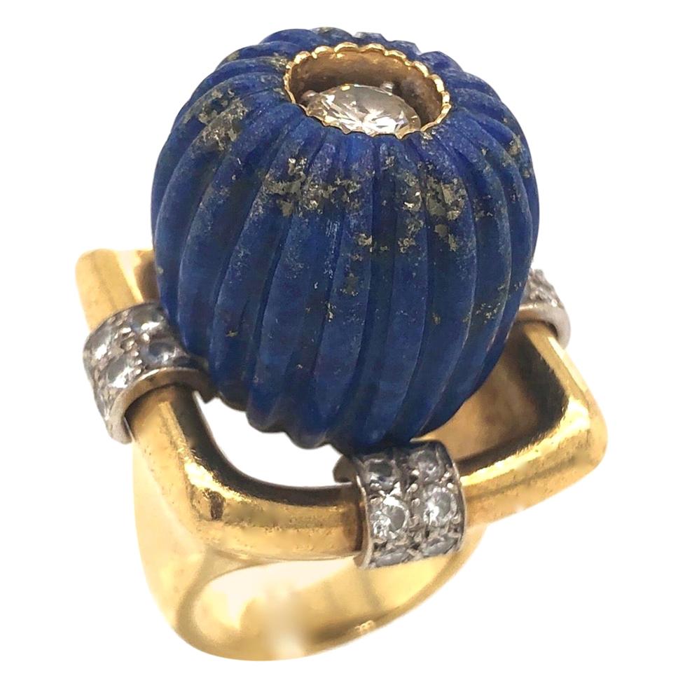 1970s Lapis Lazuli Gold and Diamond Statement Ring