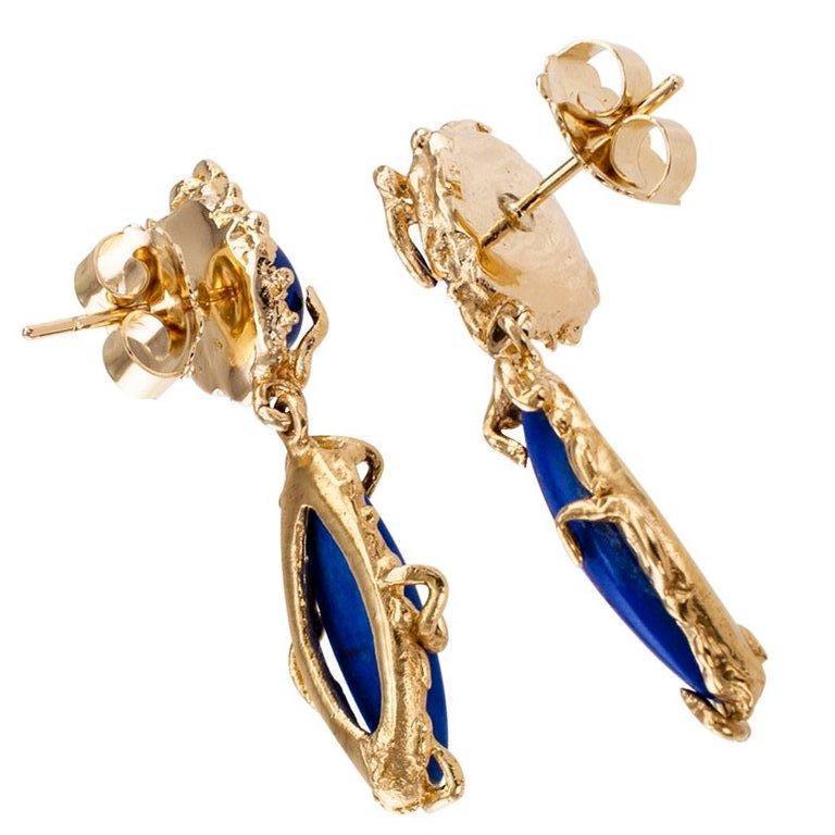 Modern 1970s Lapis Lazuli Gold Pendent Drop Earrings