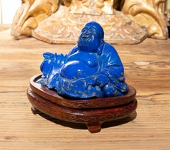1970s Lapis Lazuli Sculpture of Budai on a Wooden Base