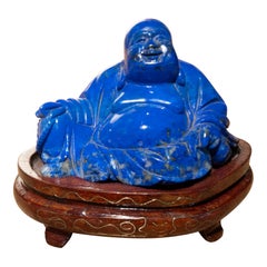 1970s Lapis Lazuli Sculpture of Budai on a Wooden Base