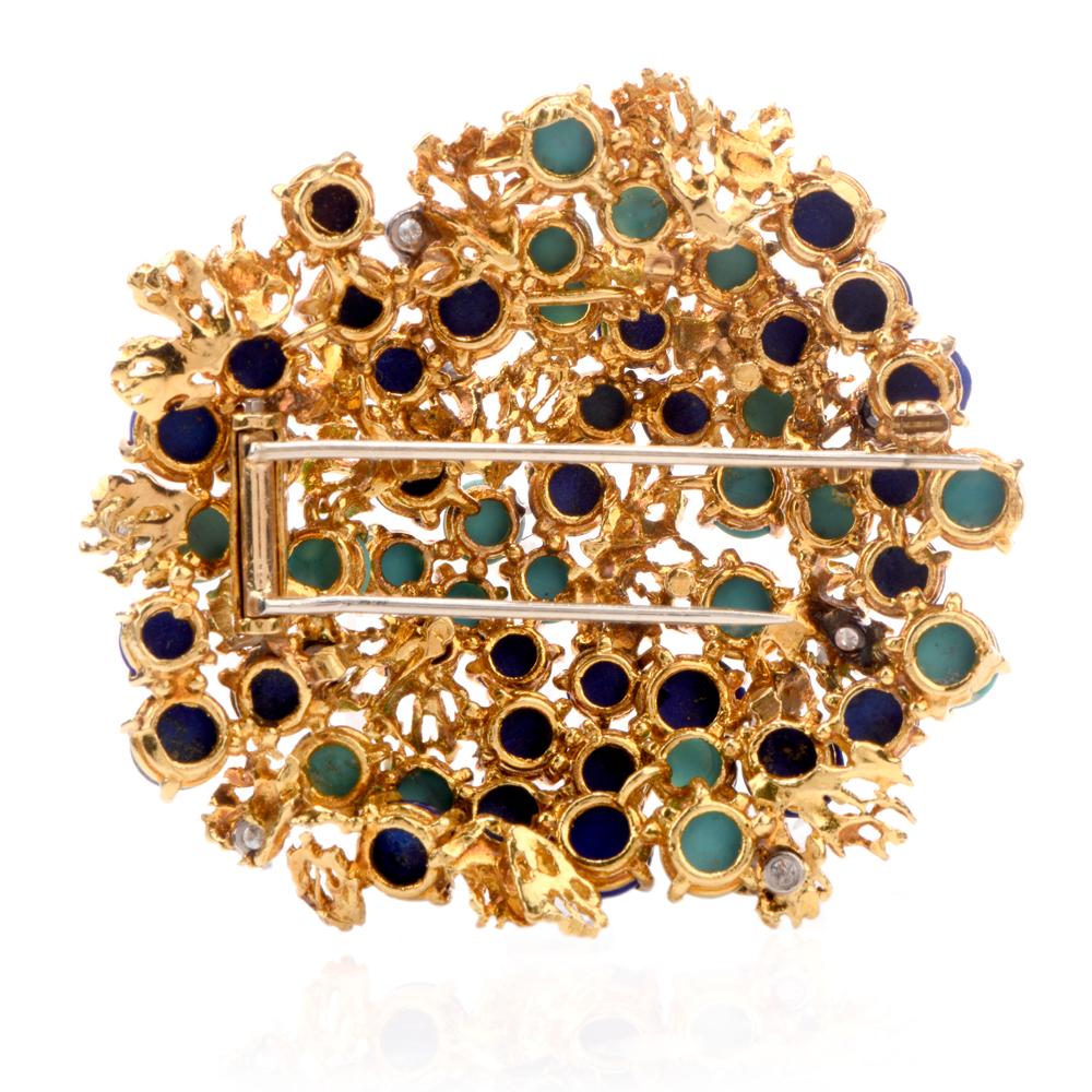 1970s Lapis Persian Turquoise 18 Karat Yellow Gold Nugget Brooch Pin In Excellent Condition For Sale In Miami, FL