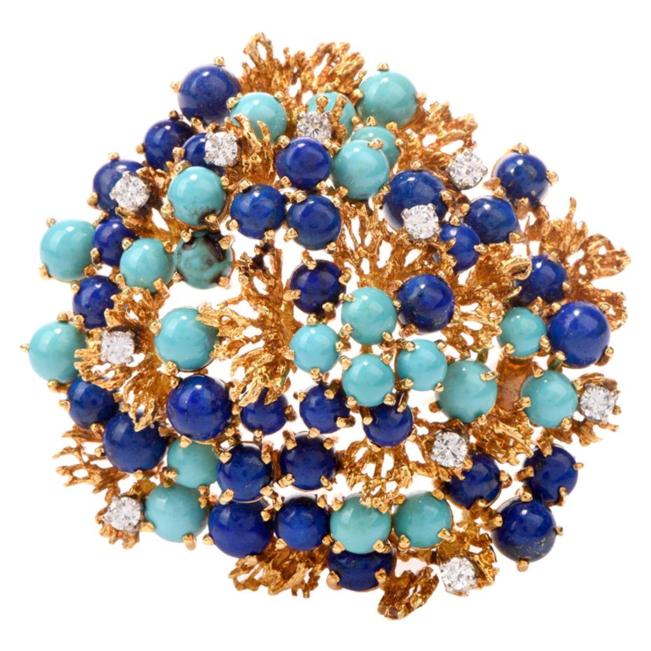 1970s Lapis Persian Turquoise 18 Karat Yellow Gold Nugget Brooch Pin For Sale