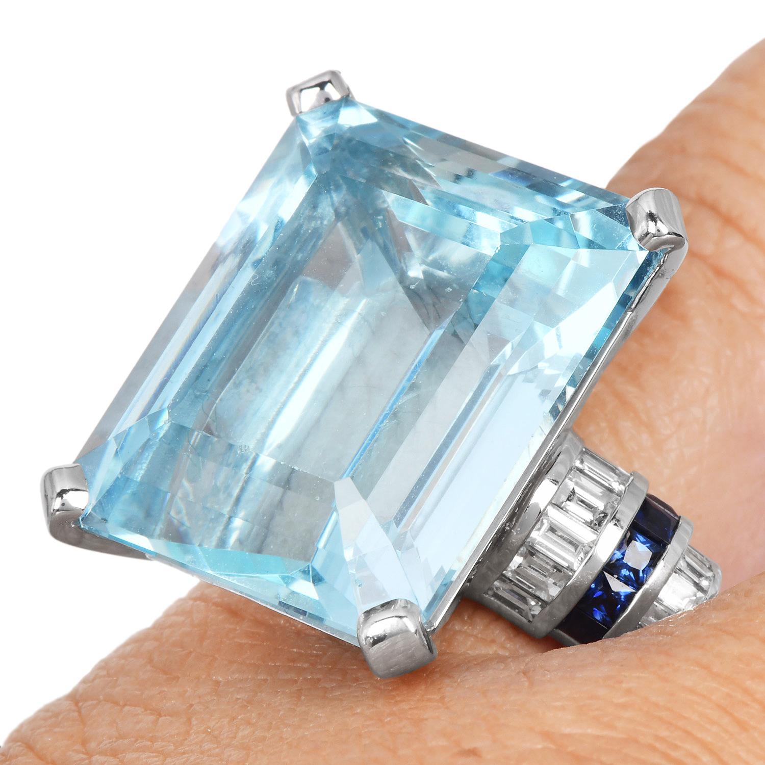 1970s large Aquamarine Sapphire Diamond 18K Gold Cocktail Ring 5