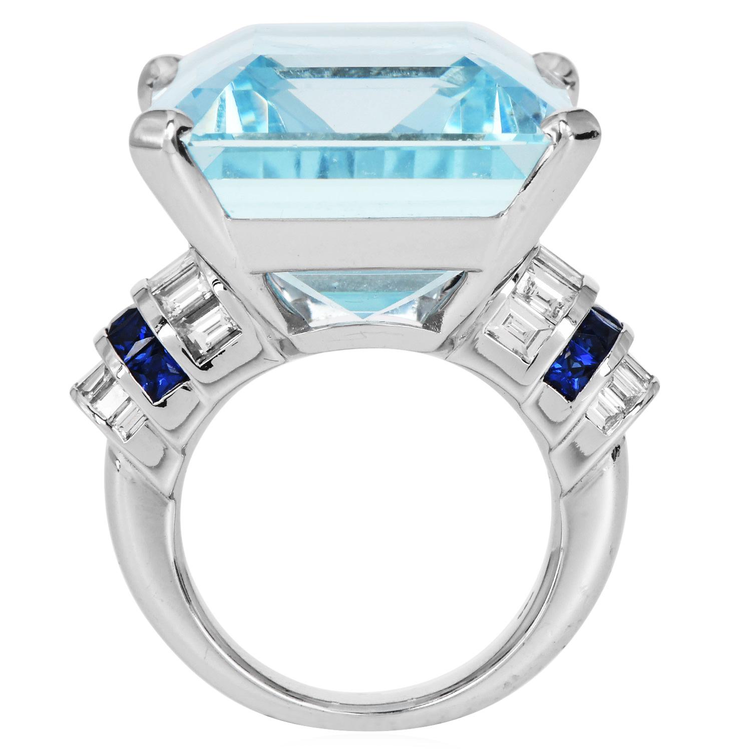 1970s large Aquamarine Sapphire Diamond 18K Gold Cocktail Ring 1