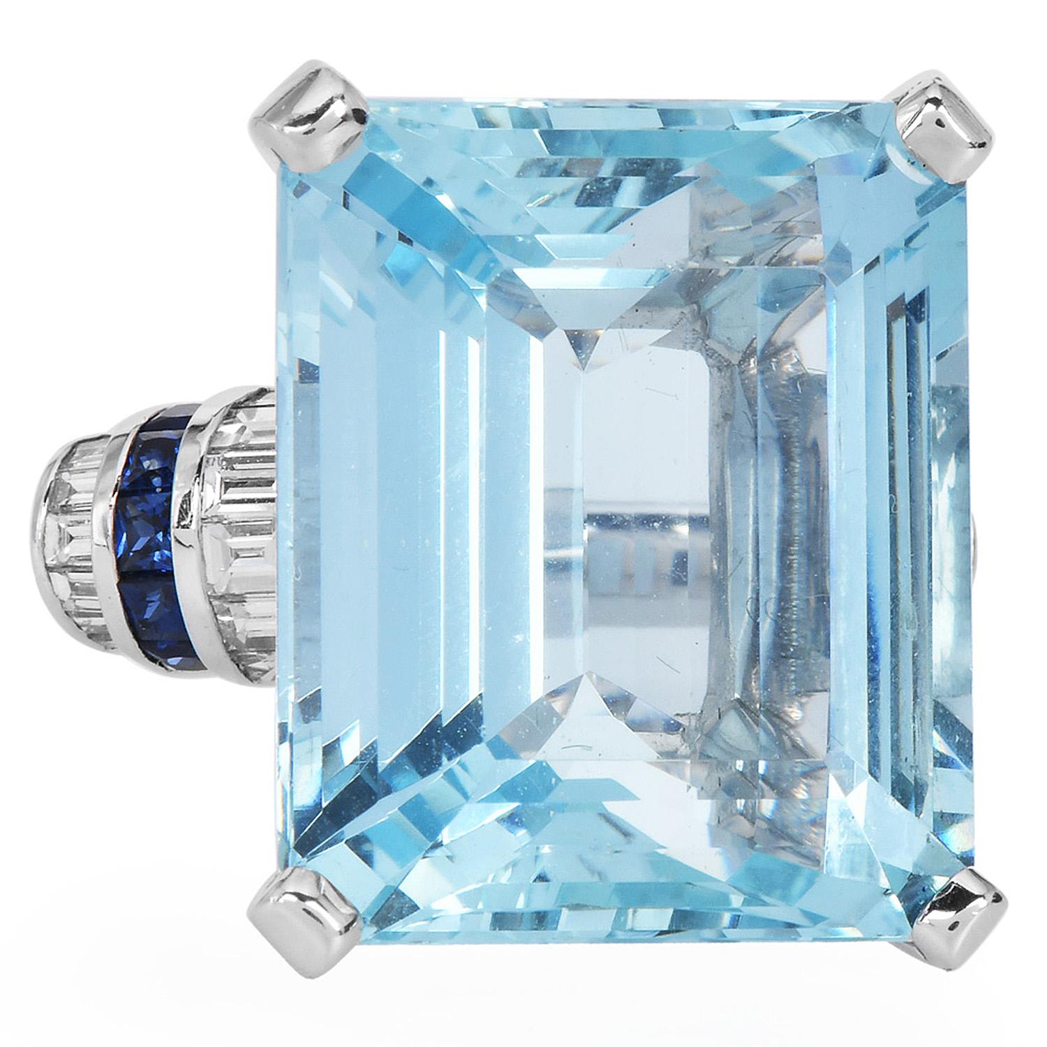 1970s large Aquamarine Sapphire Diamond 18K Gold Cocktail Ring 3