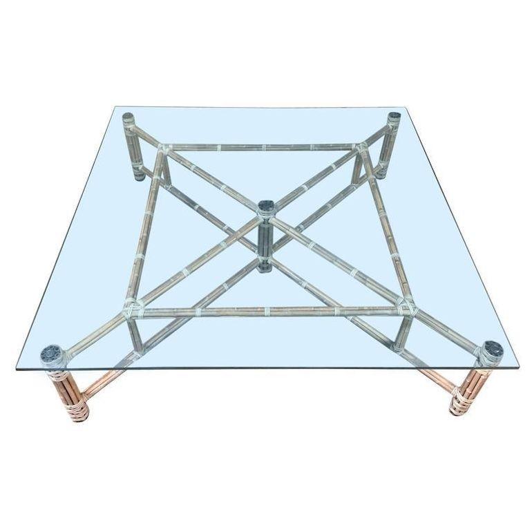 1970s Large Bamboo and Glass Square Coffee Table by John McGuire In Excellent Condition For Sale In Van Nuys, CA